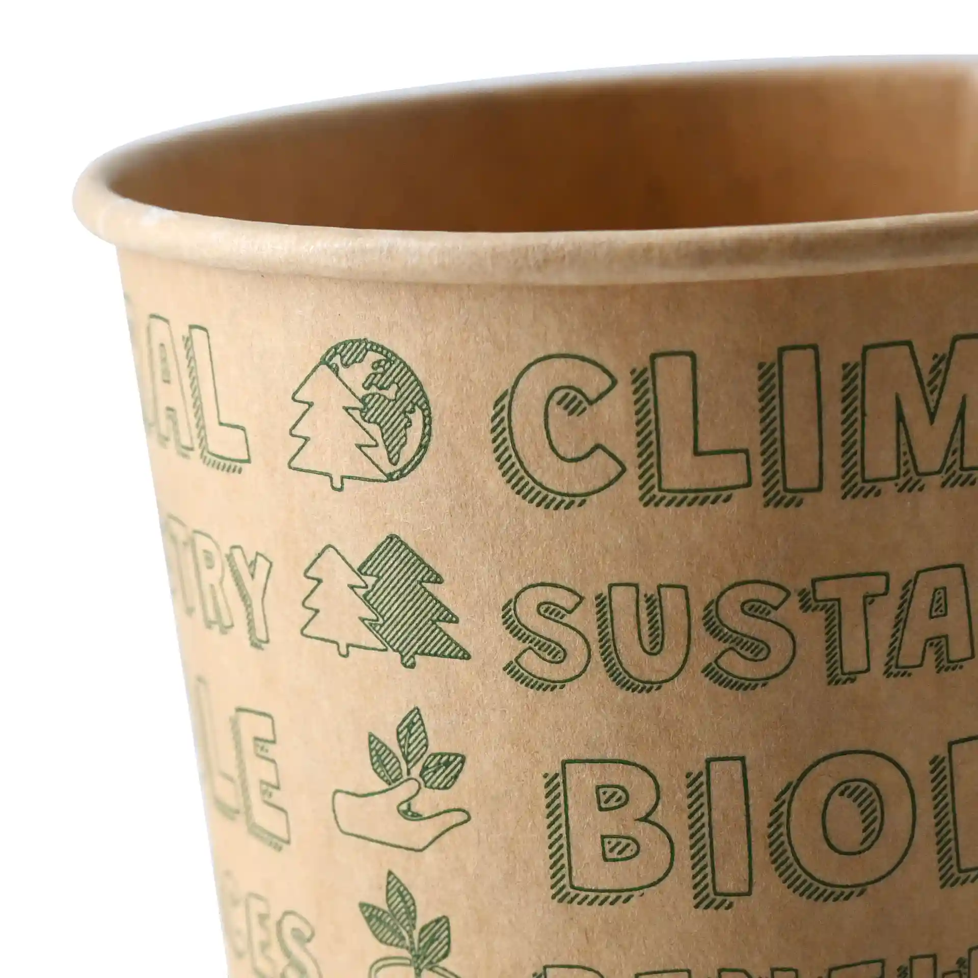 Conteneur rond en papier pour glace avec des motifs verts imprimés sur du carton non blanchi, montrant divers symboles et textes.