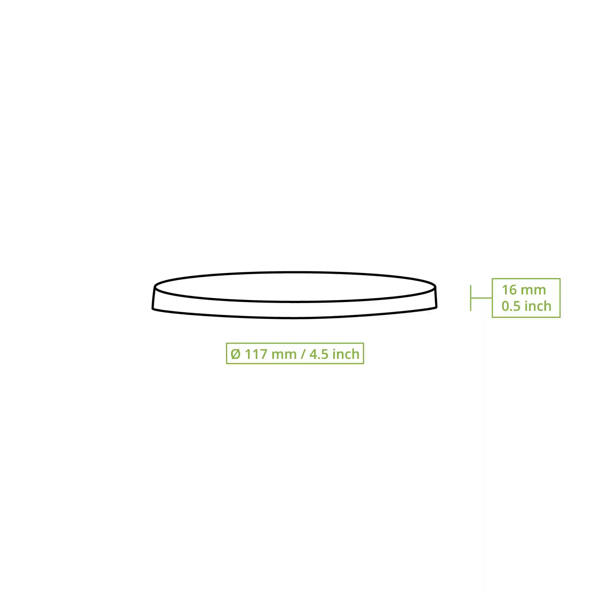 Dessin schématique d'un couvercle en carton rond de 118 mm de diamètre et 16 mm de hauteur.