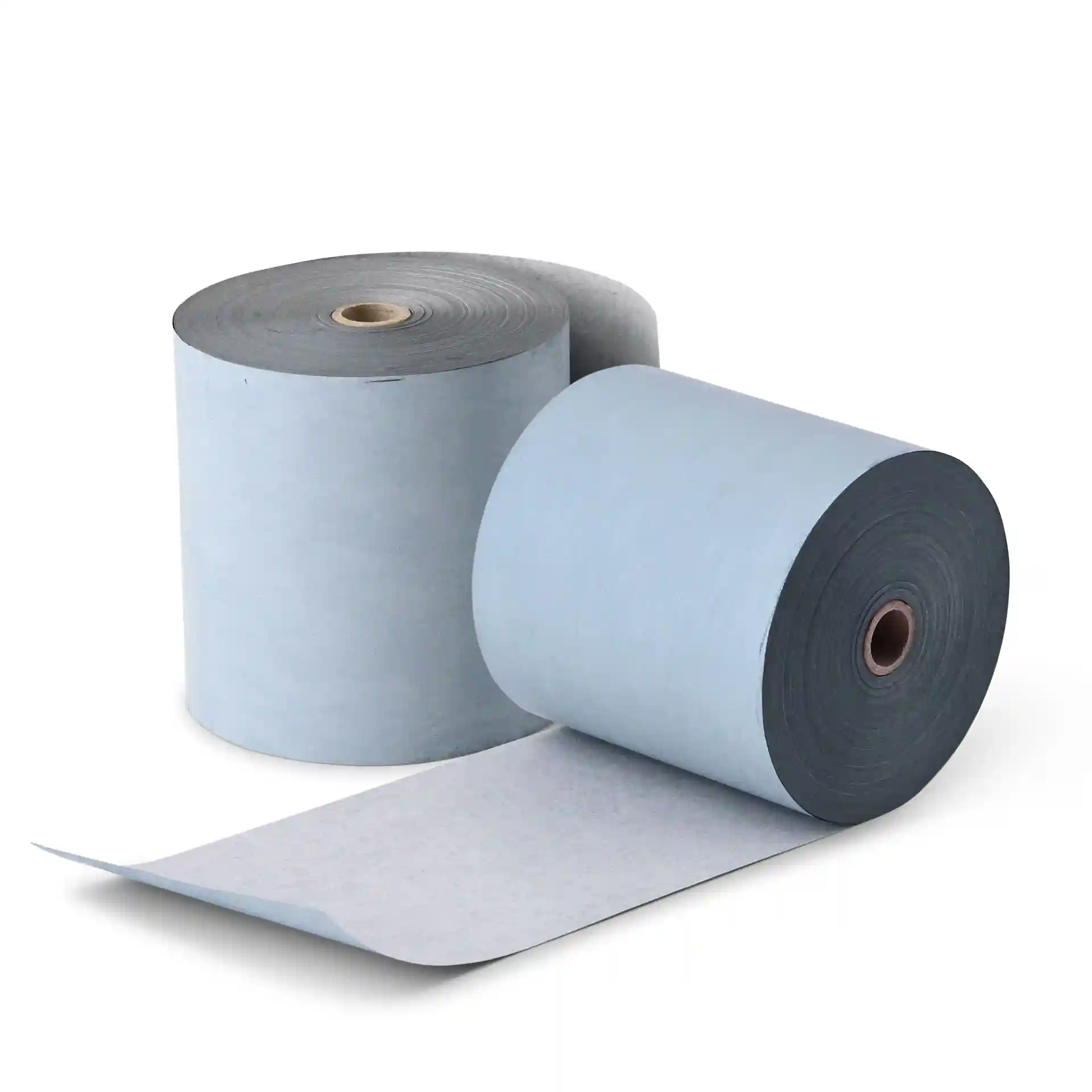 Deux rouleaux de papier thermique gris, chacun d'un diamètre de 80 mm, l'un partiellement déroulé.