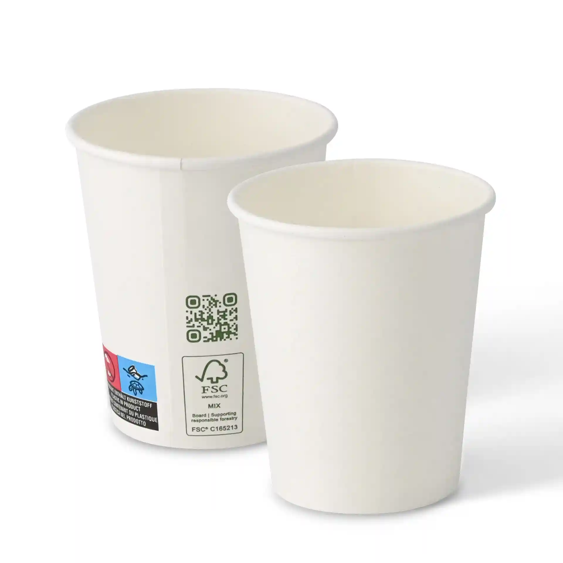 Deux gobelets en papier blancs, 200 ml, simple paroi, d'un diamètre de 80 mm, avec une étiquette et un symbole de certification.