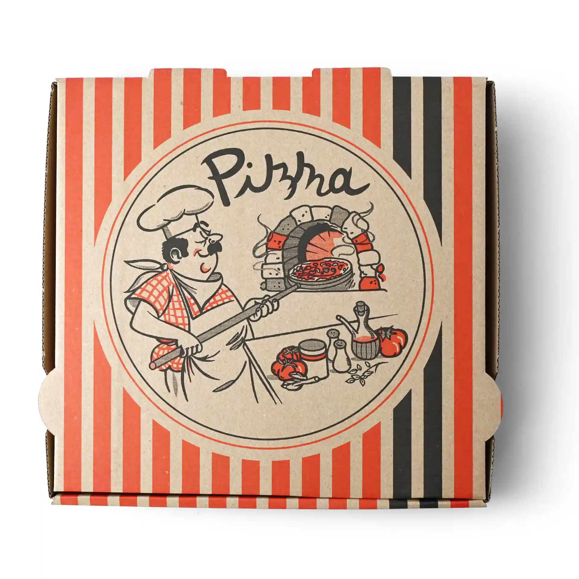 Boîte à pizza avec un design de chef pizzaiolo, carton marron, dimensions 26 x 26 x 4 cm.