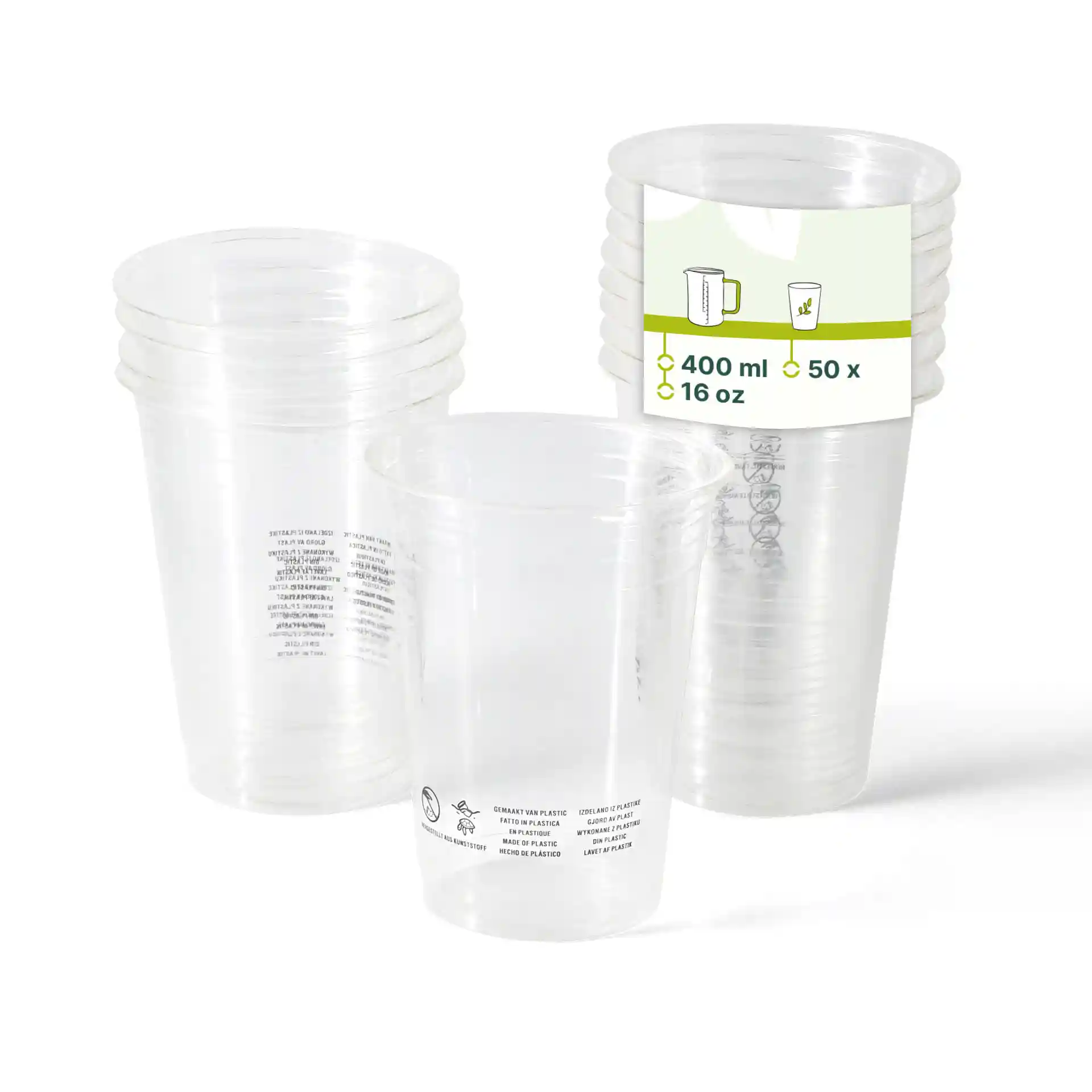 Gobelets en plastique PLA transparents empilés, avec une étiquette indiquant une capacité de 400 ml et 50 unités.