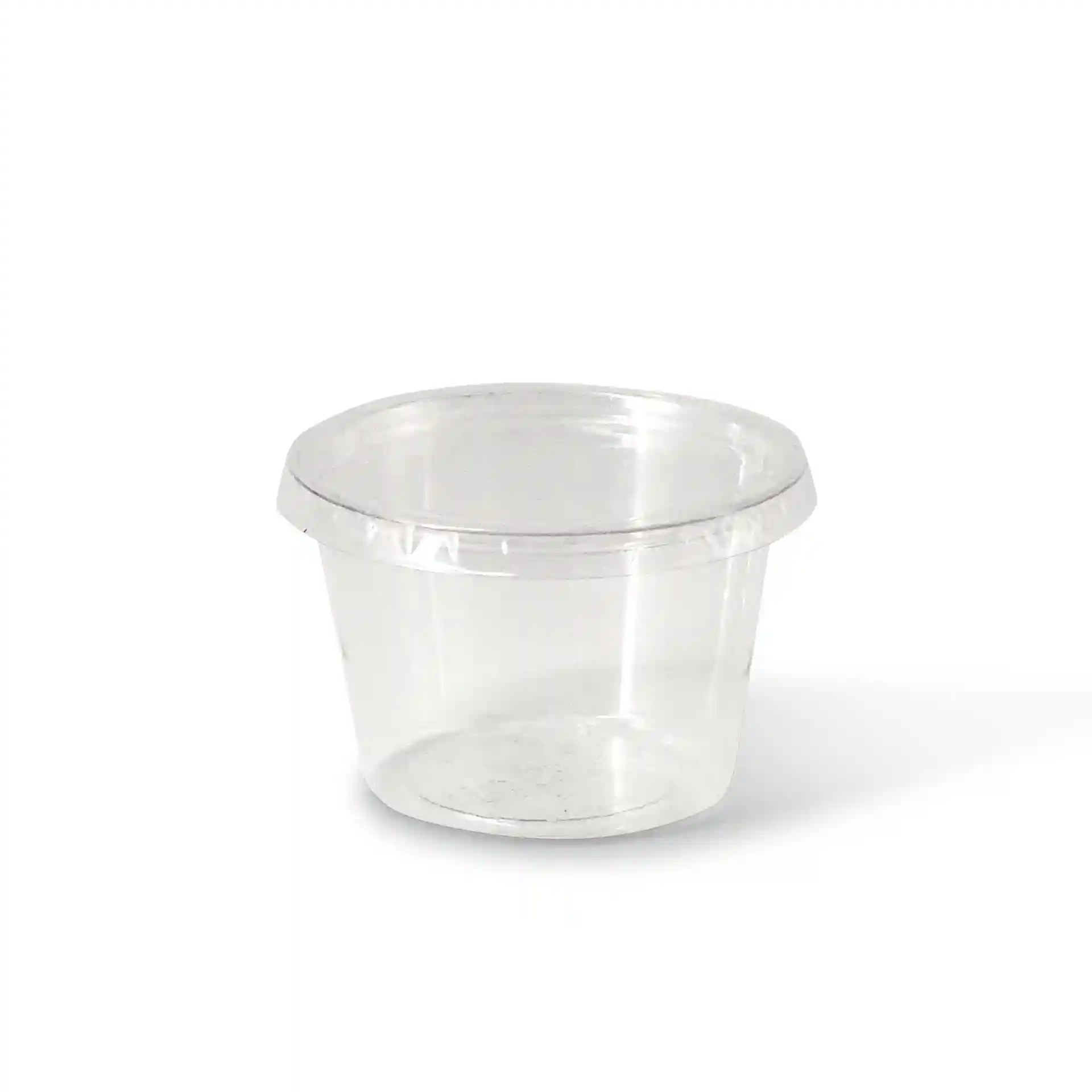 Gobelet portion clair rond, capacité de 100 ml, diamètre de 70 mm, hauteur de 47 mm, en matériau PLA.