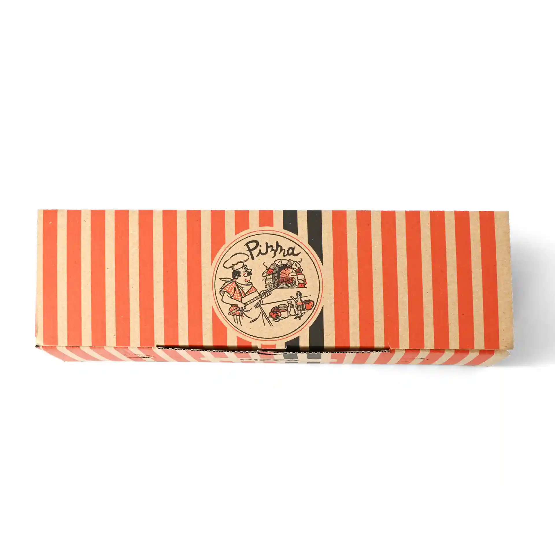 Boîte à pizza avec un design à rayures rouges et noires, présentant une illustration de chef pizzaiolo et un logo circulaire.