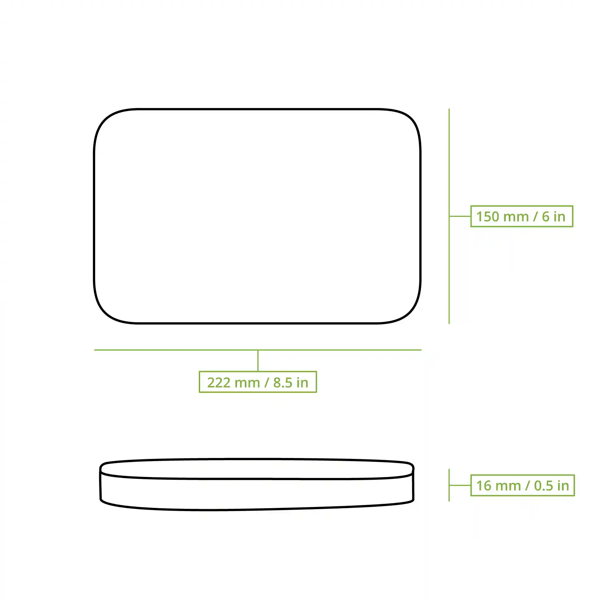 Dessin schématique d'un couvercle rectangulaire réutilisable avec des dimensions de 222 mm par 150 mm et une hauteur de 16 mm.