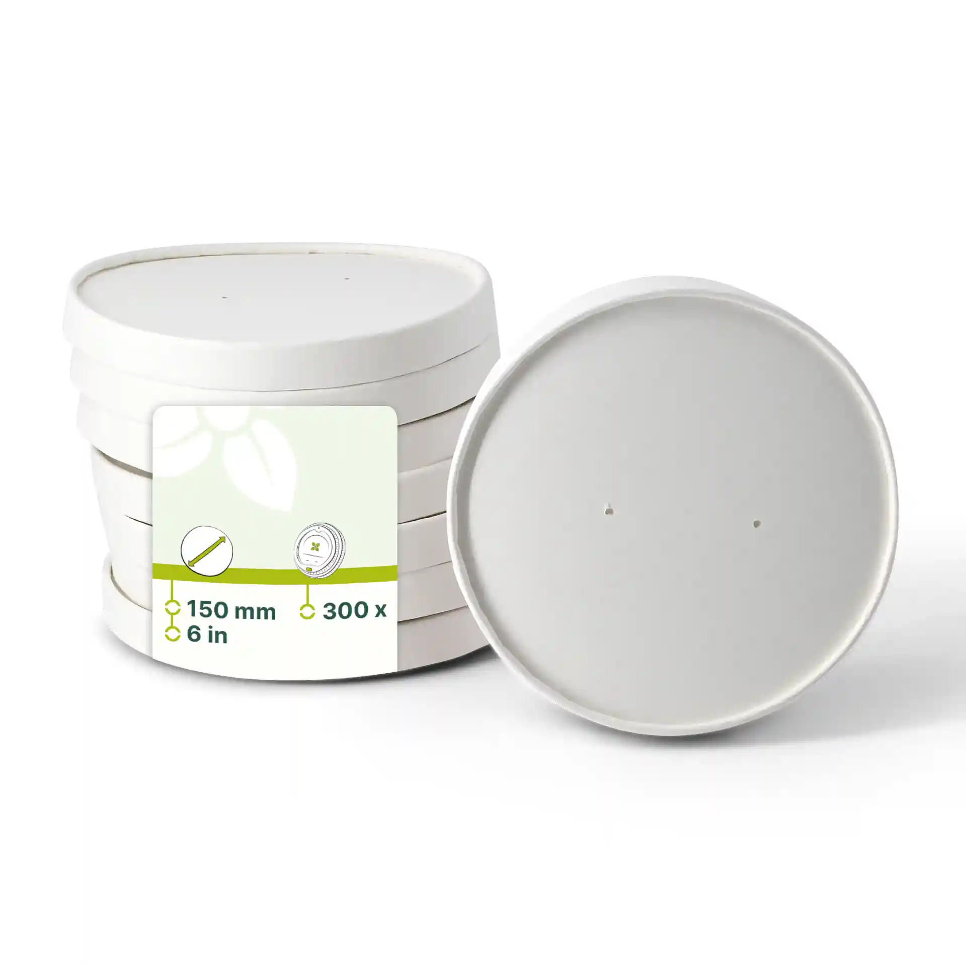 Couvercle rond en carton blanc avec membrane, diamètre 150 mm, empilé avec étiquette visible.