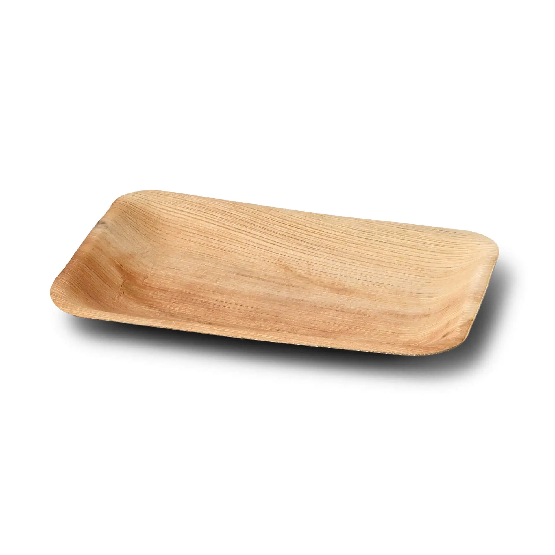 Assiette jetable rectangulaire en feuille de palmier, 25 x 15 cm, avec texture en grain naturel et design peu profond.