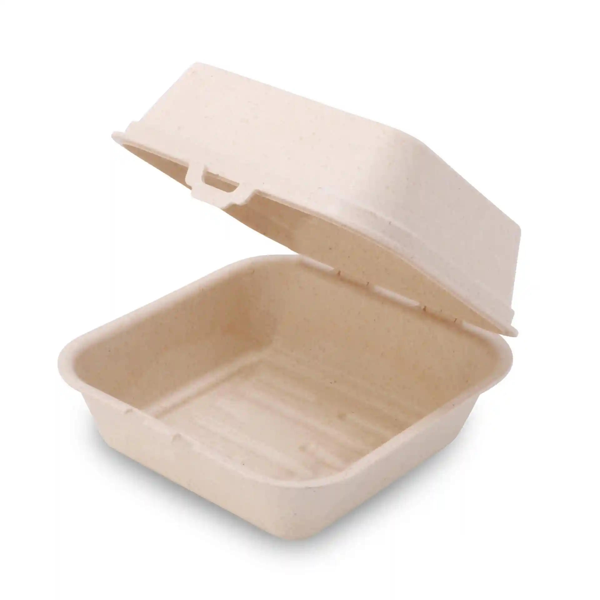 Boîte à burger réutilisable blanche crémeuse avec couvercle ouvert, montrant un intérieur carré et un fond texturé.