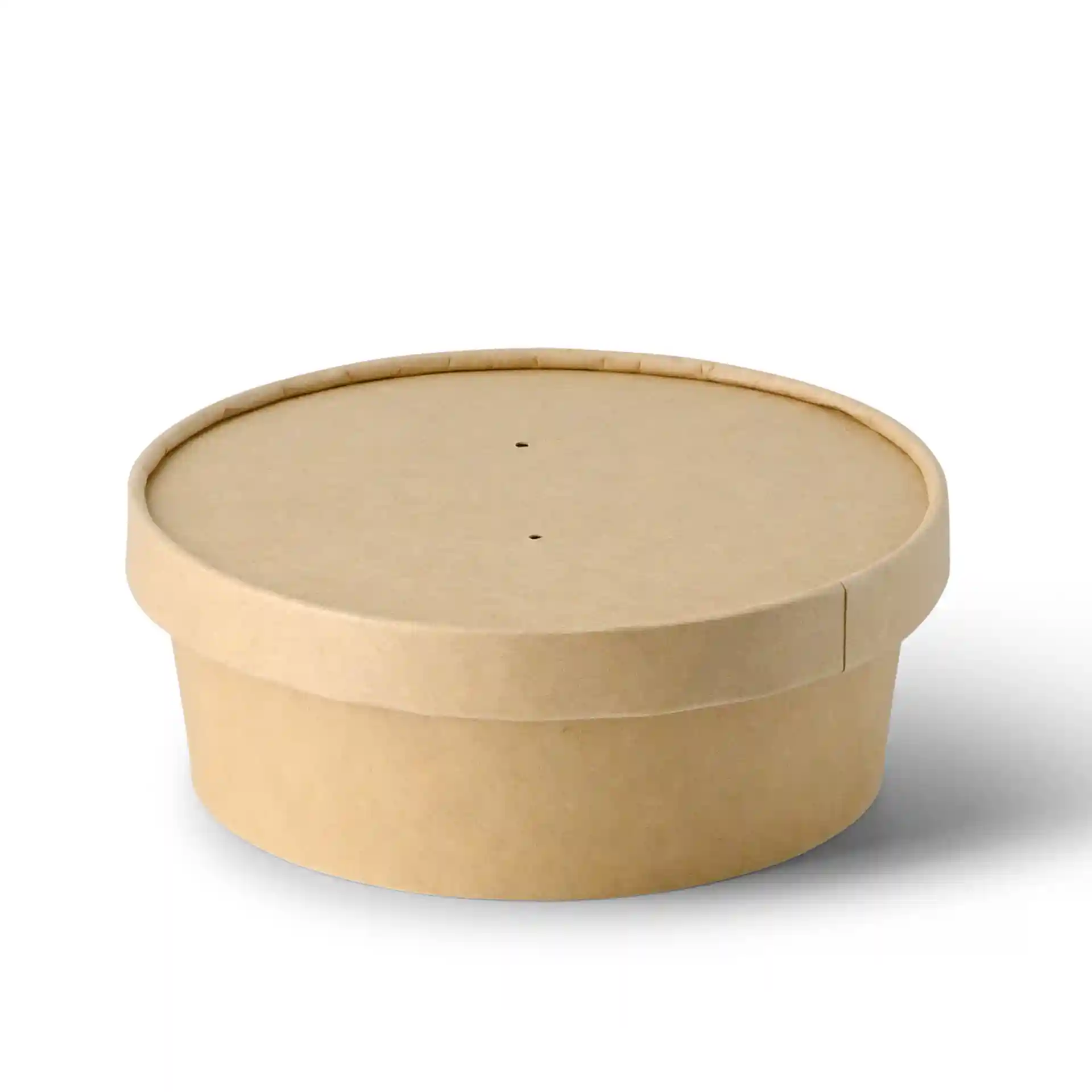 Bol rond en carton brun avec couvercle, diamètre de 150 mm, hauteur de 51 mm, avec deux petits trous sur le dessus.