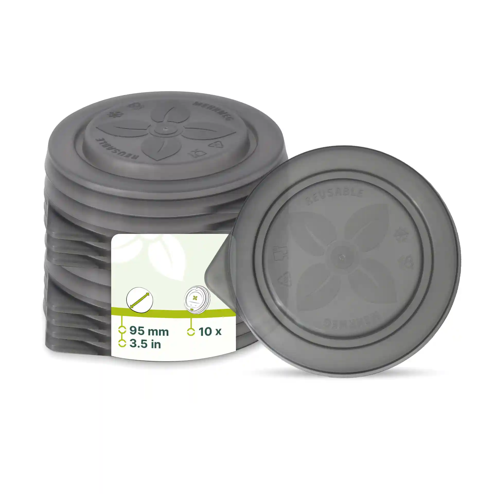 Empilement de couvercles réutilisables gris de forme ronde, 95 mm de diamètre, avec une étiquette indiquant la quantité et les dimensions.
