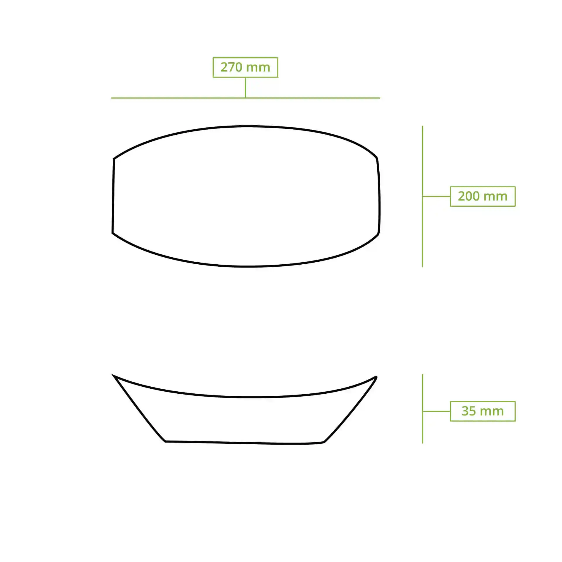 Dessin schématique d'un plateau rectangulaire de dimensions 270 mm par 200 mm et de hauteur 35 mm.