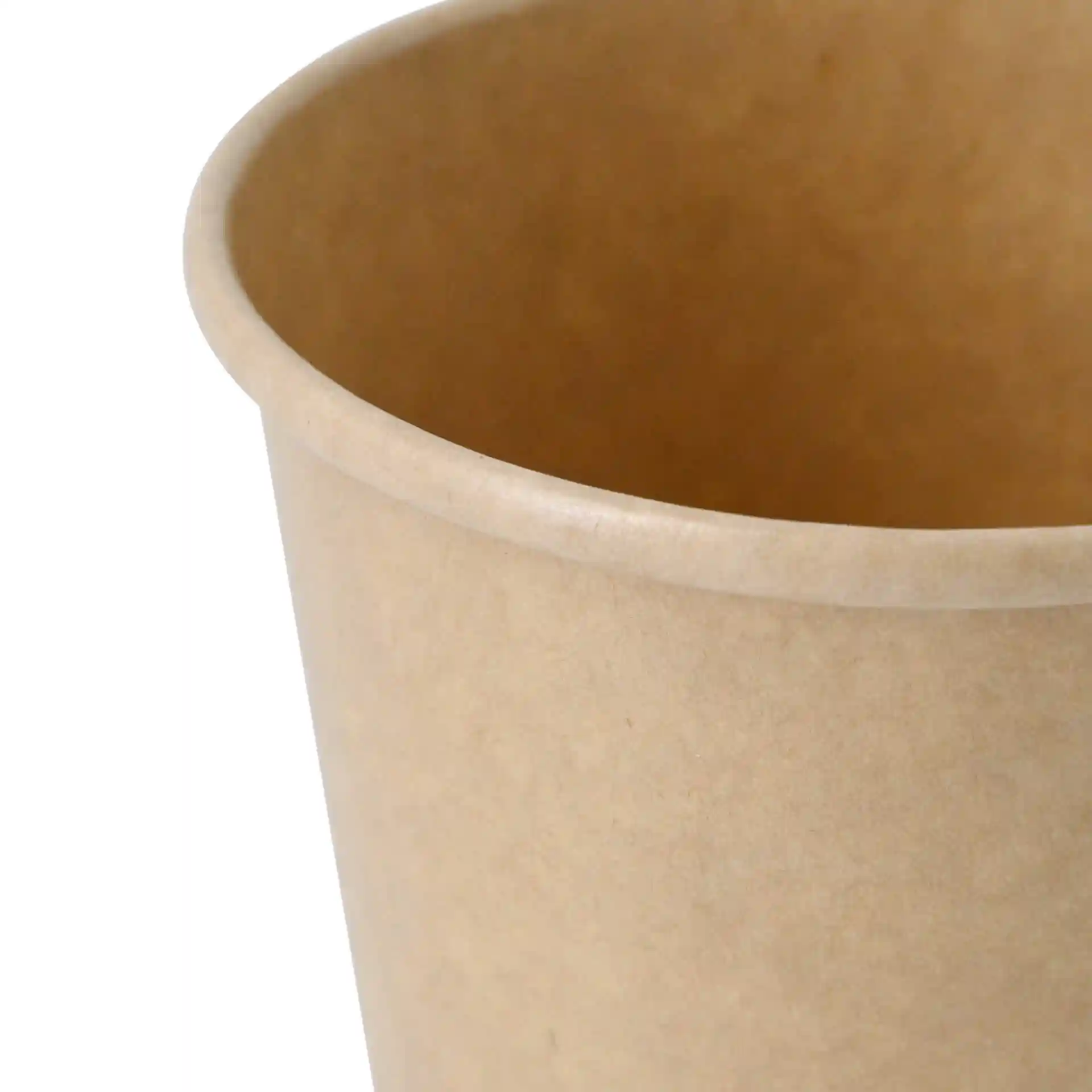 Tub en papier brun pour glace de forme ronde, montrant l'intérieur et le bord supérieur.