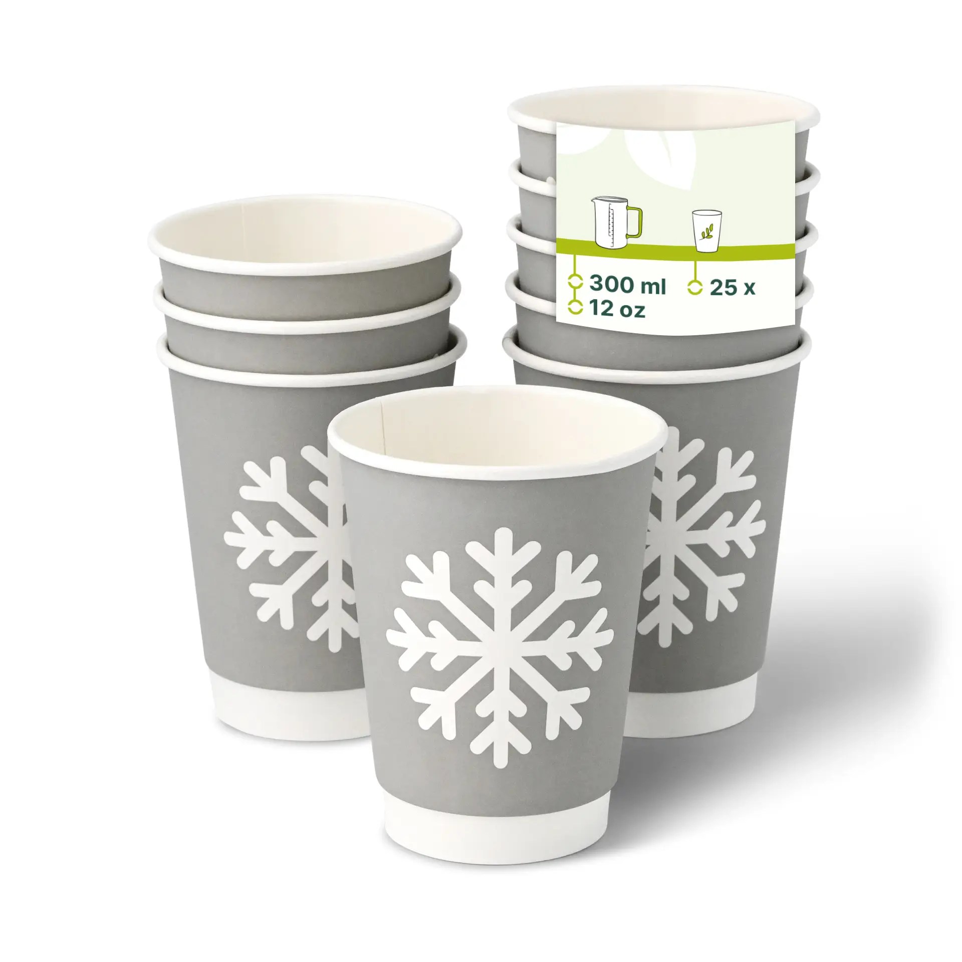 Gobelet en carton hiver à double paroi "Flocon de neige" gris 300 ml / 12 oz, Ø 90 mm Gobelet en carton hiver à double paroi "Flocon de neige" gris 300 ml / 12 oz, Ø 90 mm