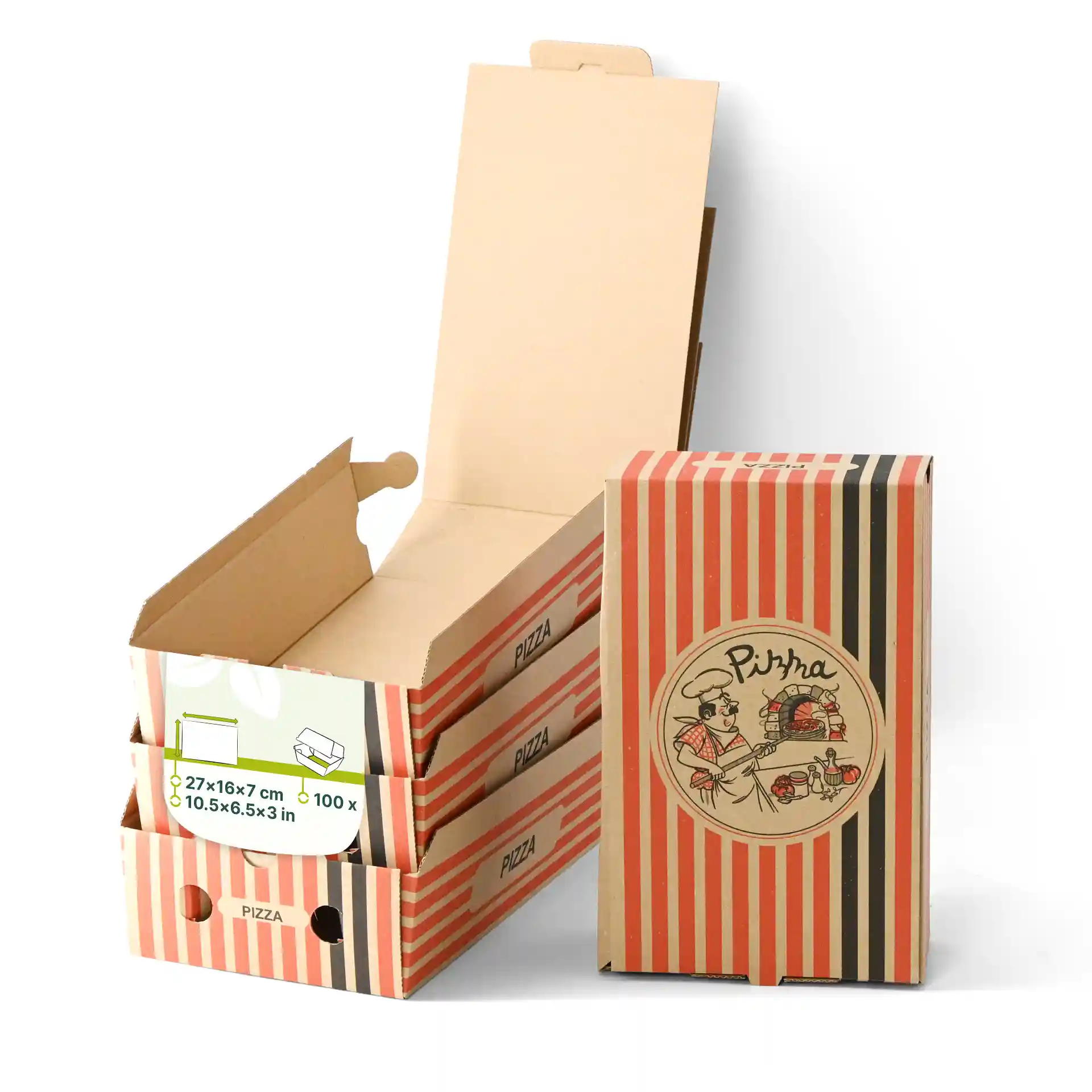 Boîtes à pizza brunes avec un design de chef de pizza, mesurant 27 x 16 x 7 cm, empilées avec une ouverte.