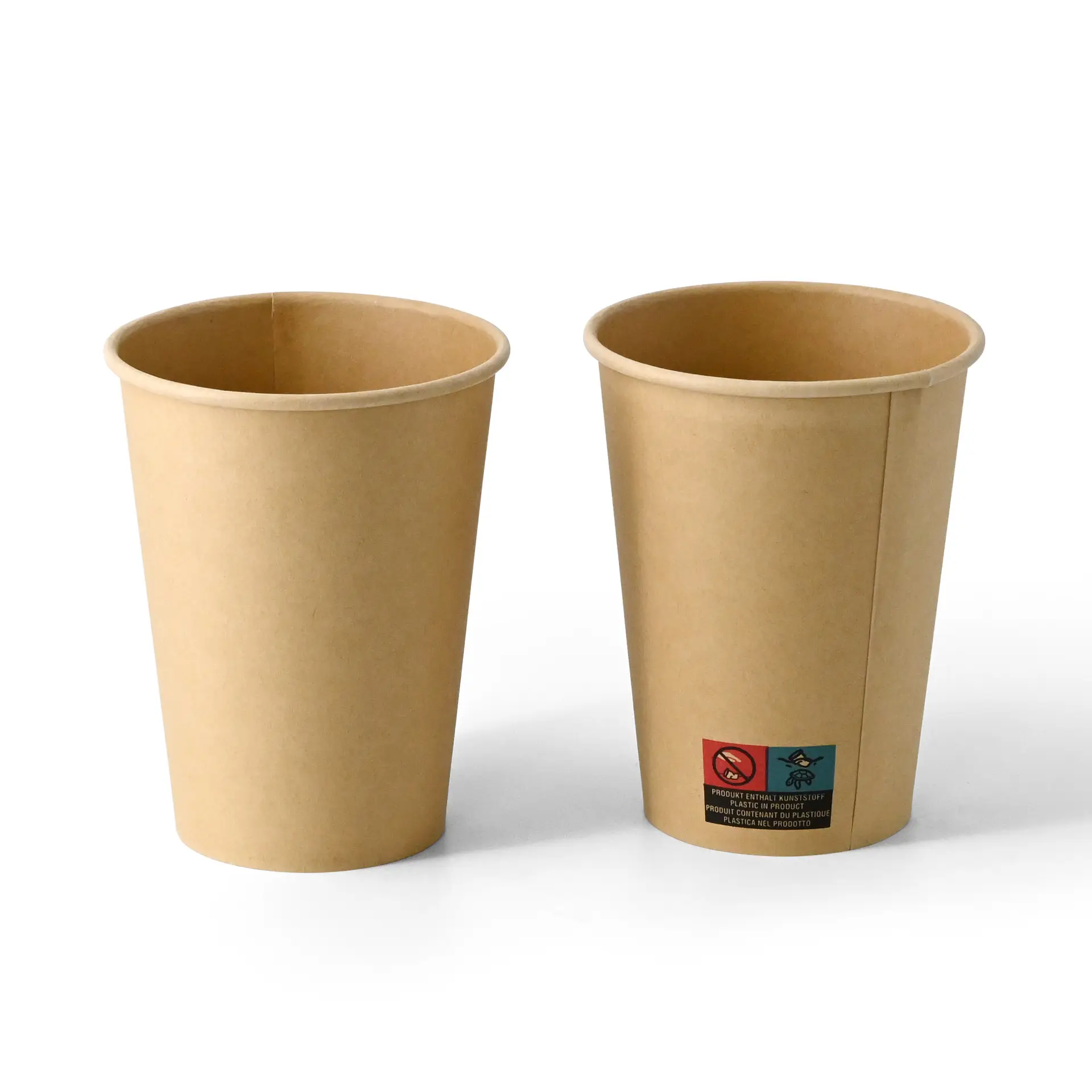 Gobelets en papier marron à paroi simple, capacité de 300 ml, diamètre de 90 mm, avec une étiquette avec des symboles.
