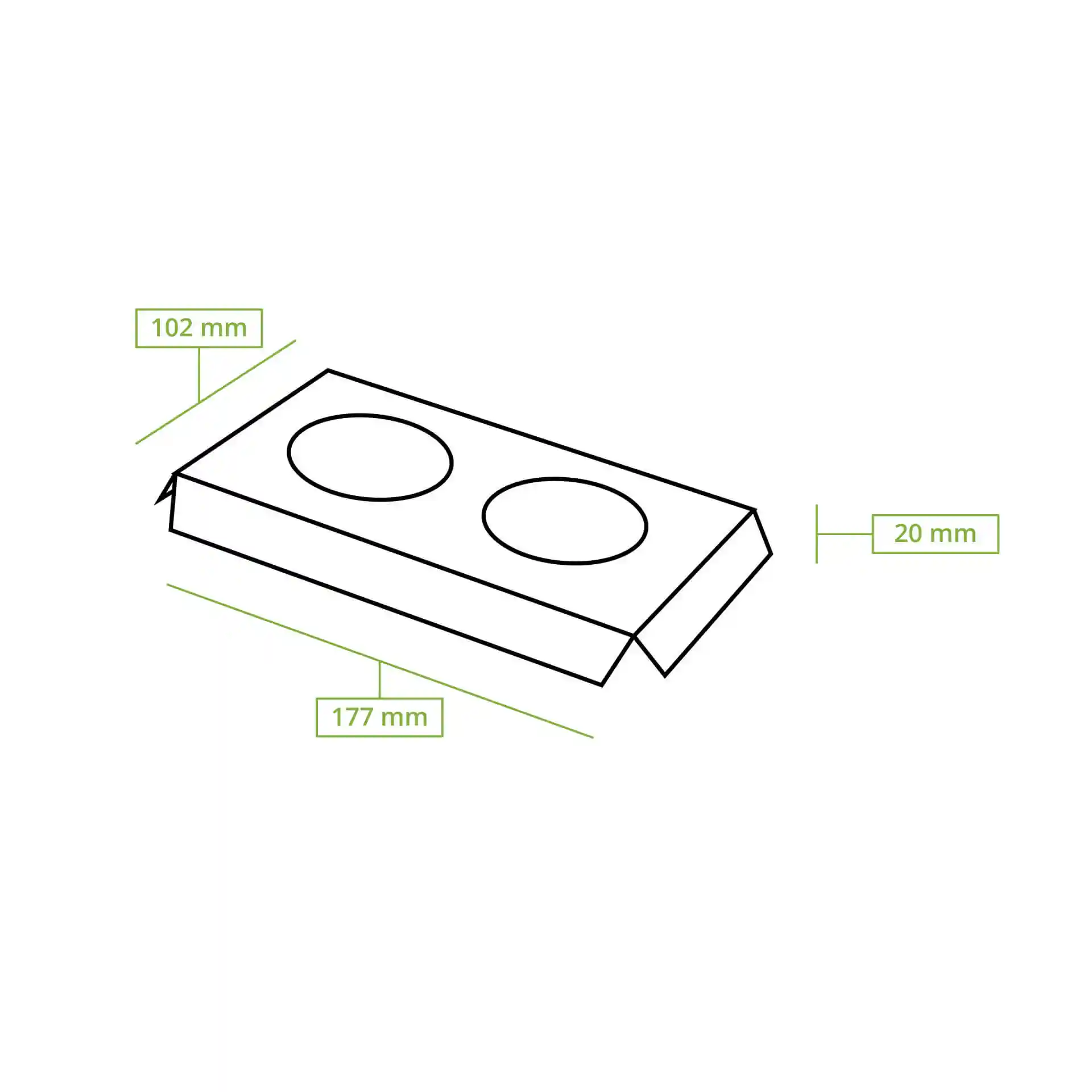 Dessin schématique d'un insert en carton pour cupcakes avec dimensions étiquetées : 177 mm de longueur, 102 mm de largeur, 20 mm de hauteur.