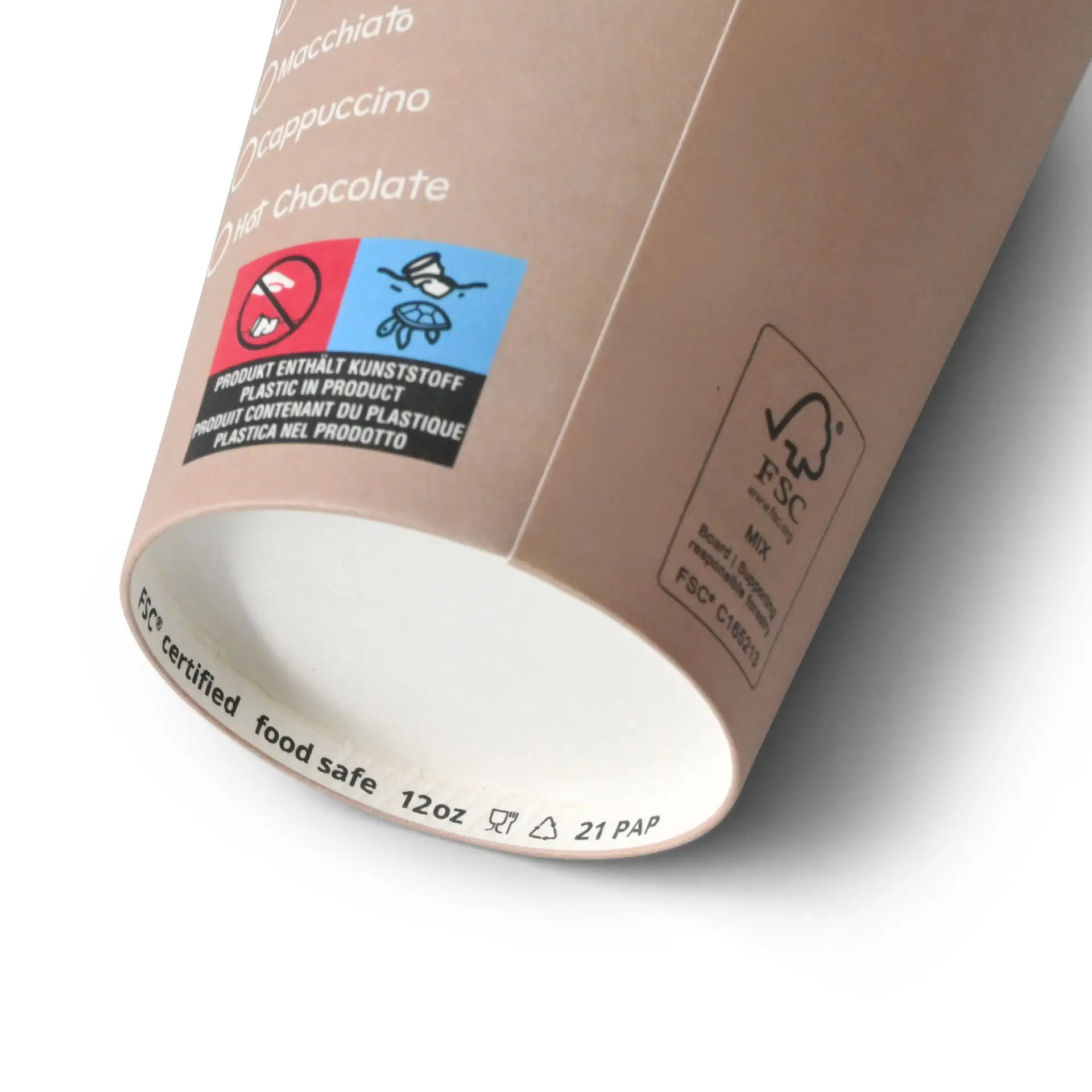 Un gobelet en papier blanc de 12 oz avec l'impression "Coffeebreak", présentant des étiquettes écologiques et des marquages alimentaires.