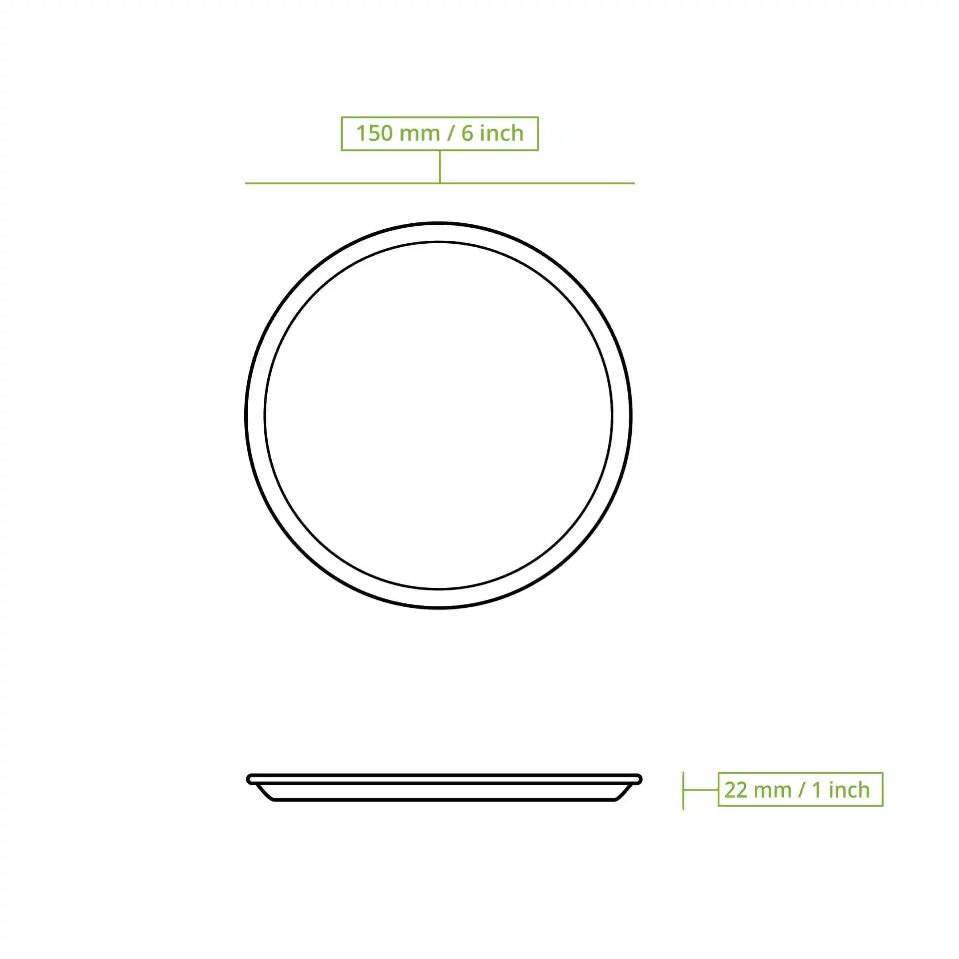 Dessin schématique d'une assiette ronde en feuille de palmier d'un diamètre de 150 mm et d'une hauteur de 22 mm.