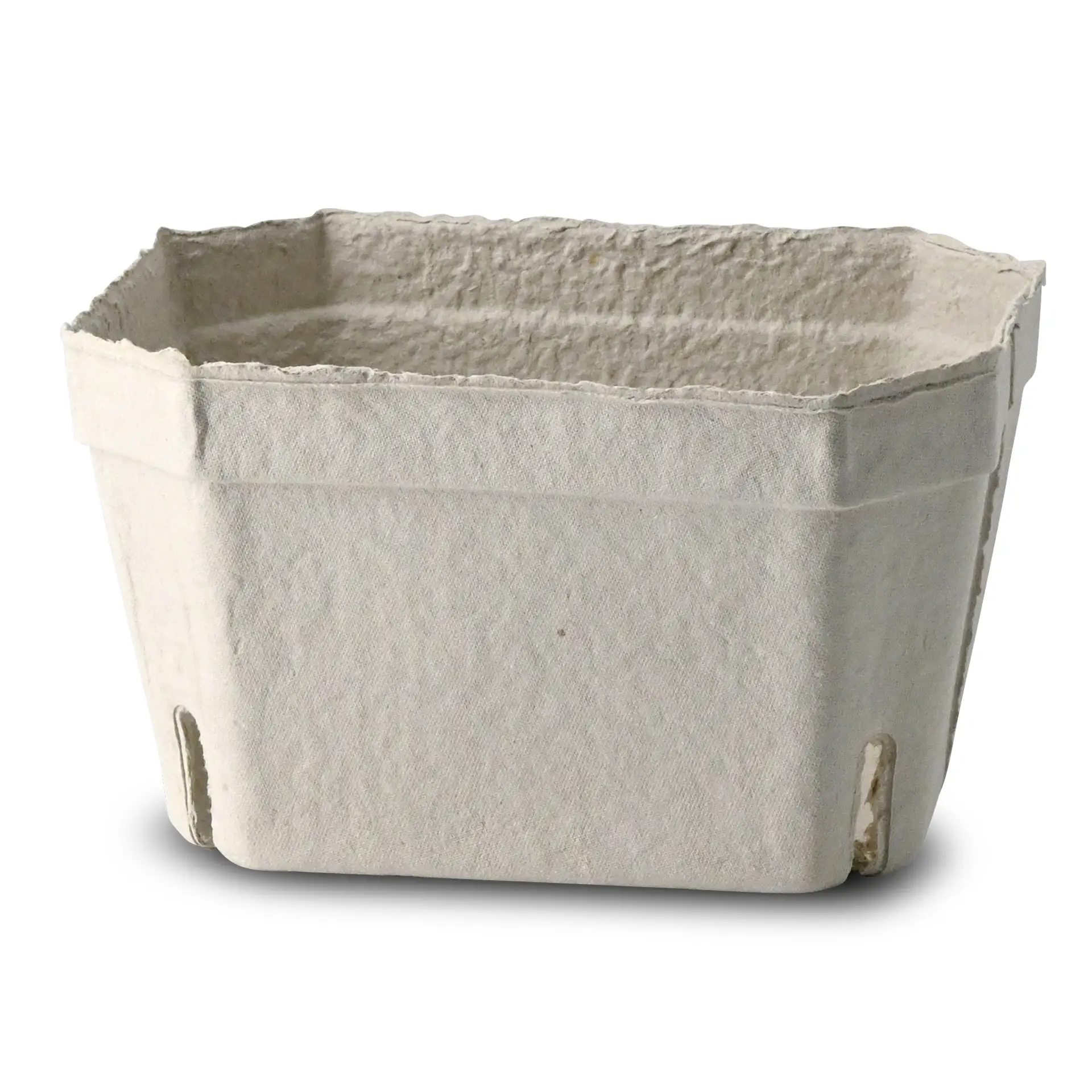 Un plateau blanc en pâte de bois conçu pour les produits frais, avec des côtés ouverts pour l'évasion de l'humidité.