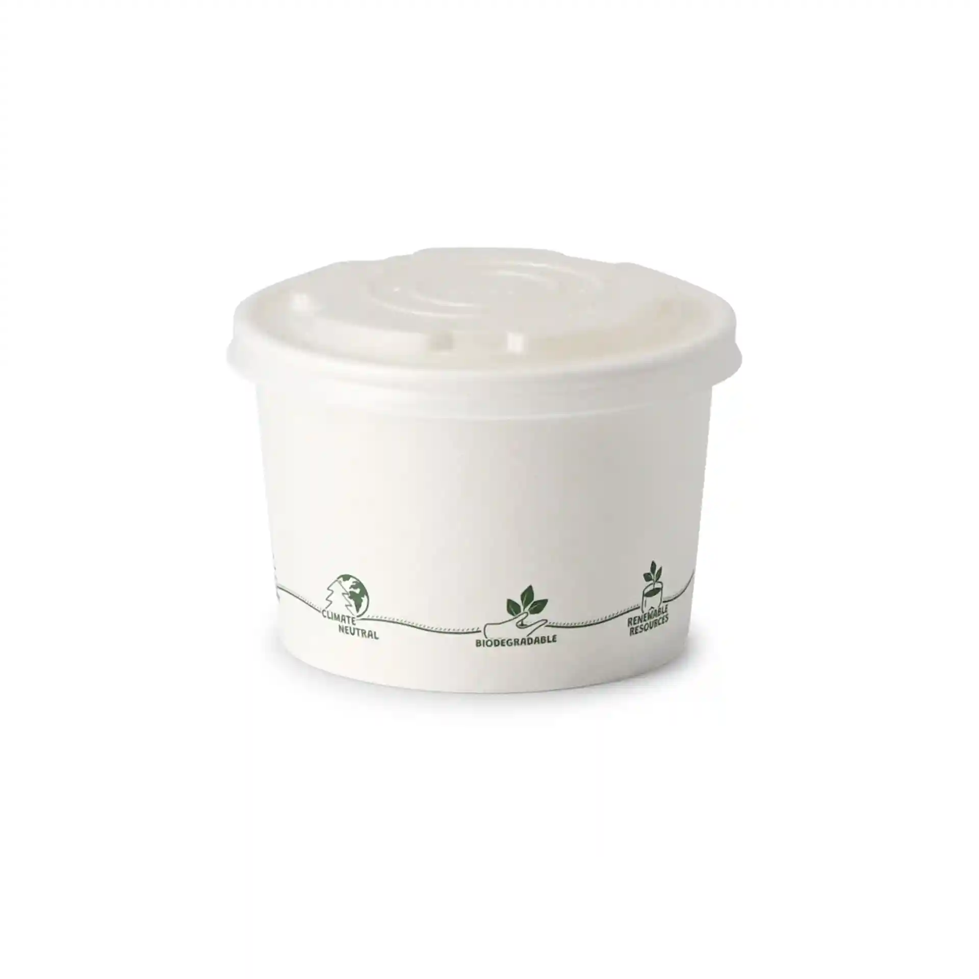 Gobelet en carton rond pour soupe avec un design imprimé, équipé d'un couvercle et d'un revêtement écologique, capacité de 8 oz.