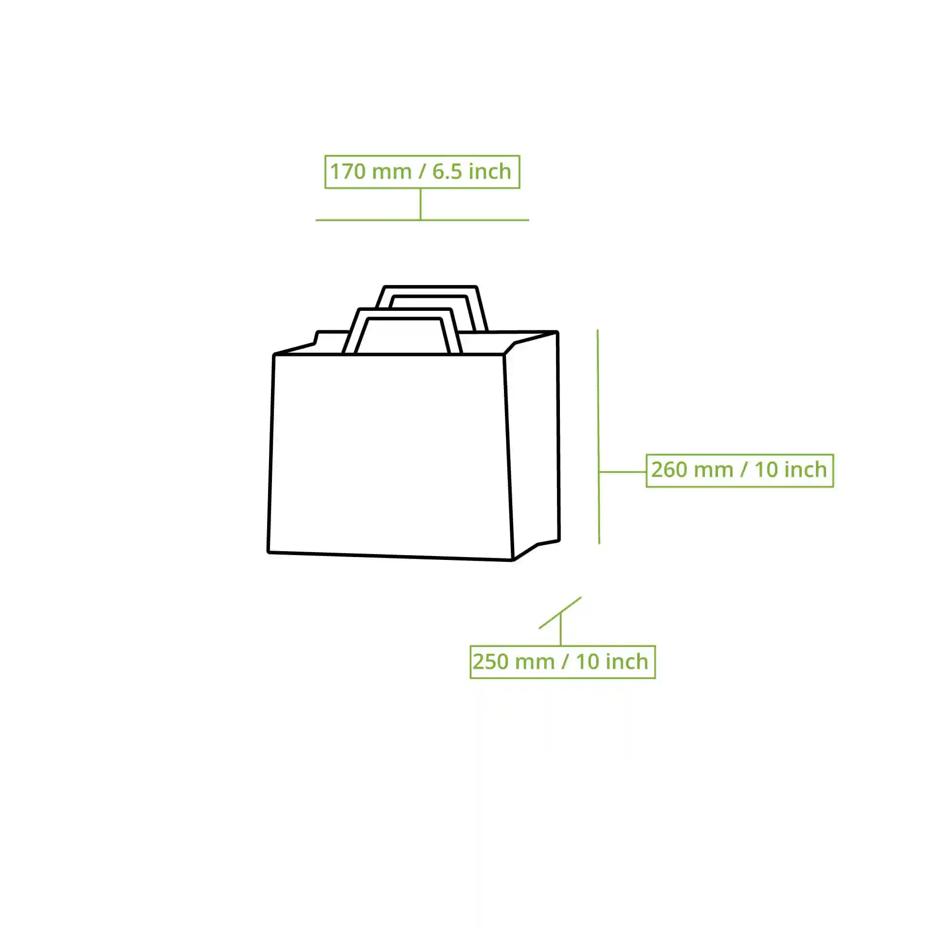 Dessin schématique d'un sac en papier brun avec dimensions étiquetées : 260 mm de longueur, 170 mm de largeur, 250 mm de hauteur.