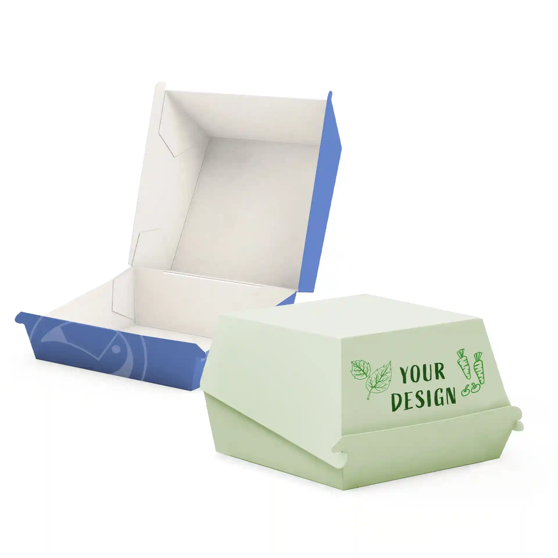 Deux boîtes à burger imprimées, l'une ouverte avec une base bleue et l'autre fermée en vert clair avec un motif.
