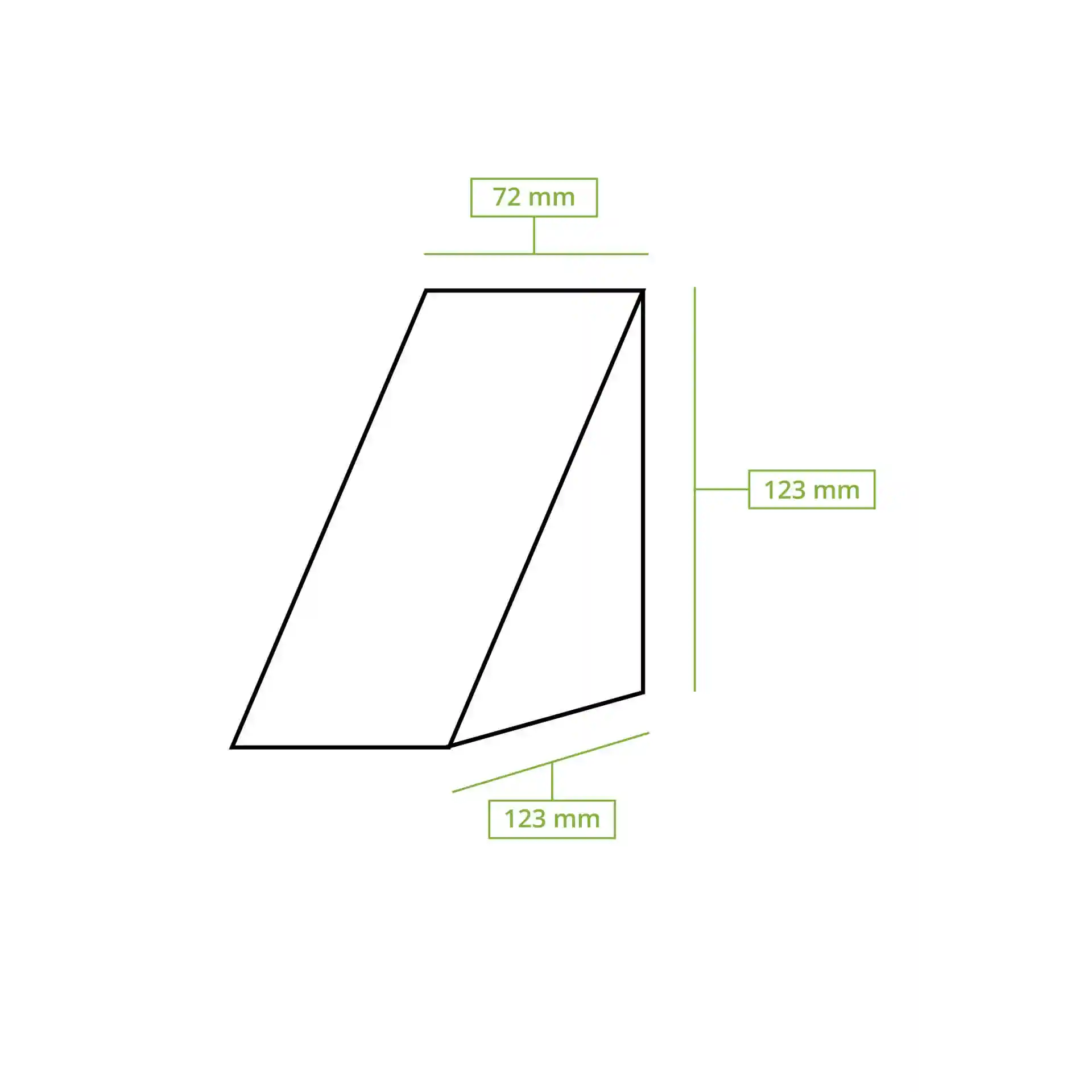 Dessin schématique d'un coin de sandwich triangulaire de 72 mm de large et 123 mm de haut.