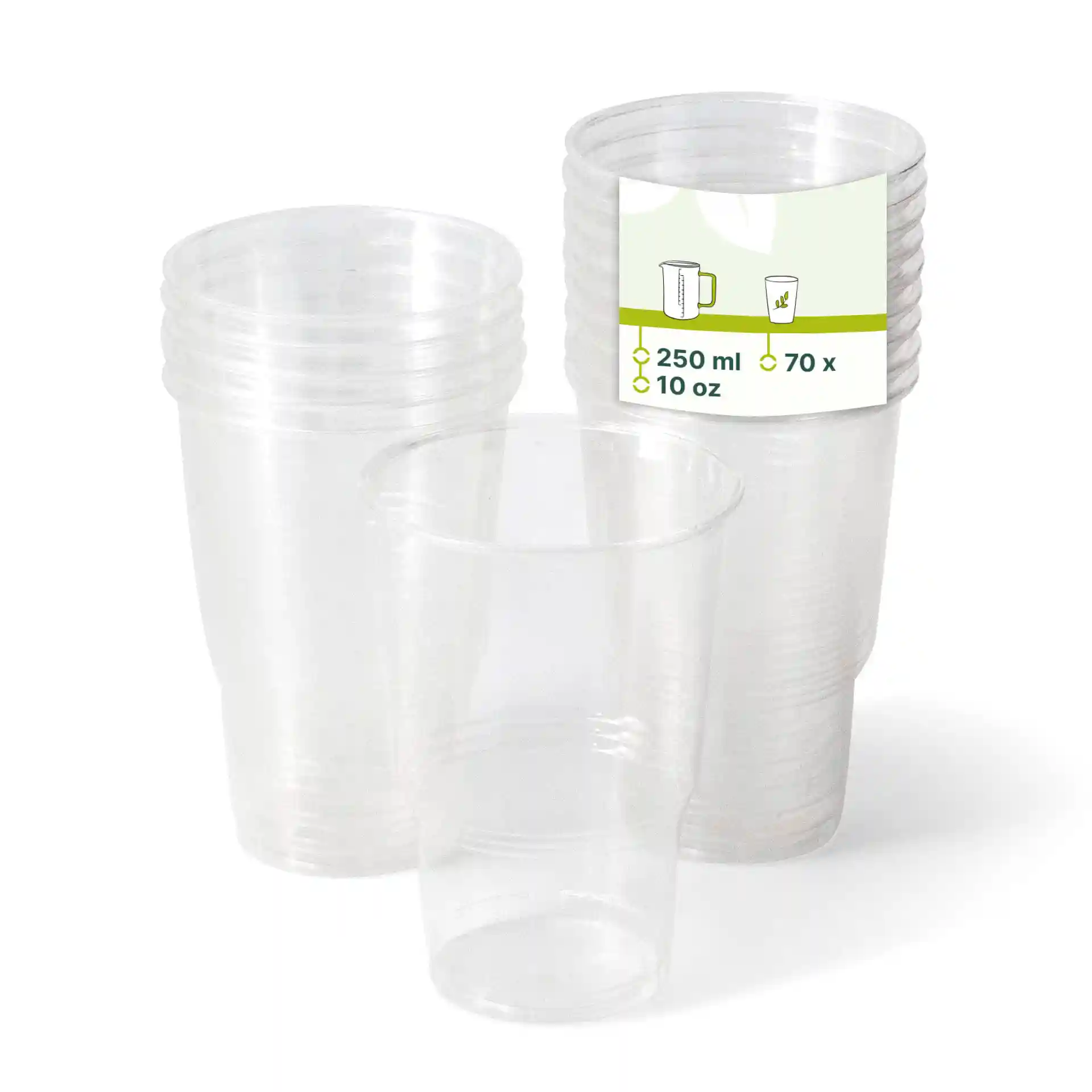 Gobelets en plastique transparents empilés, avec un gobelet devant et une étiquette indiquant la capacité et la quantité.