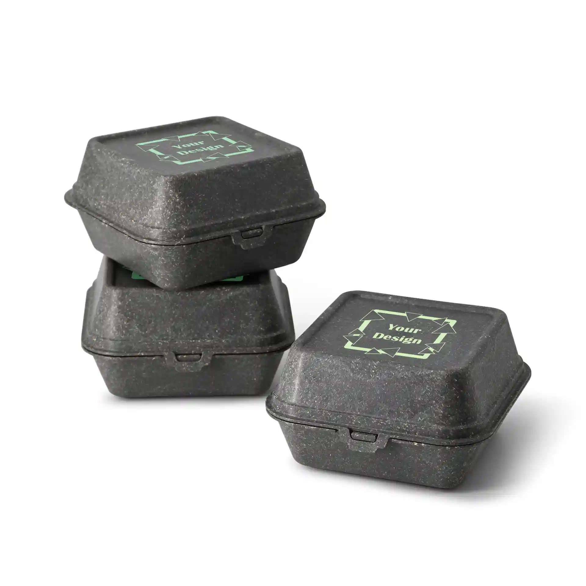 Empilement de trois boîtes à burger réutilisables grises imprimées de forme rectangulaire avec un design sur le couvercle.