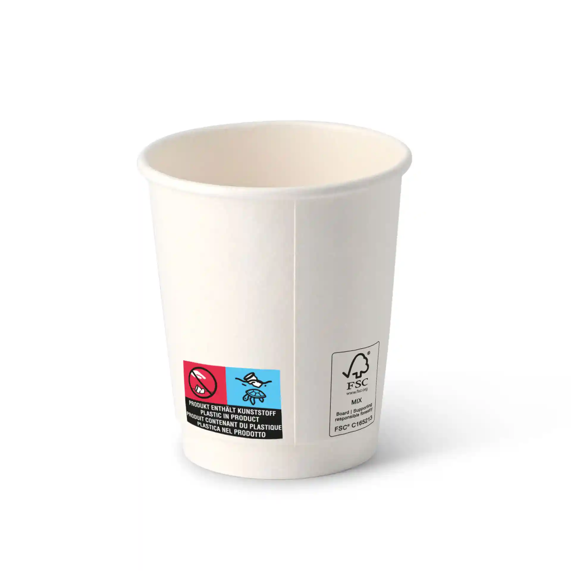 Gobelet en carton blanc à double paroi d'un diamètre de 80 mm avec diverses étiquettes colorées sur le côté.