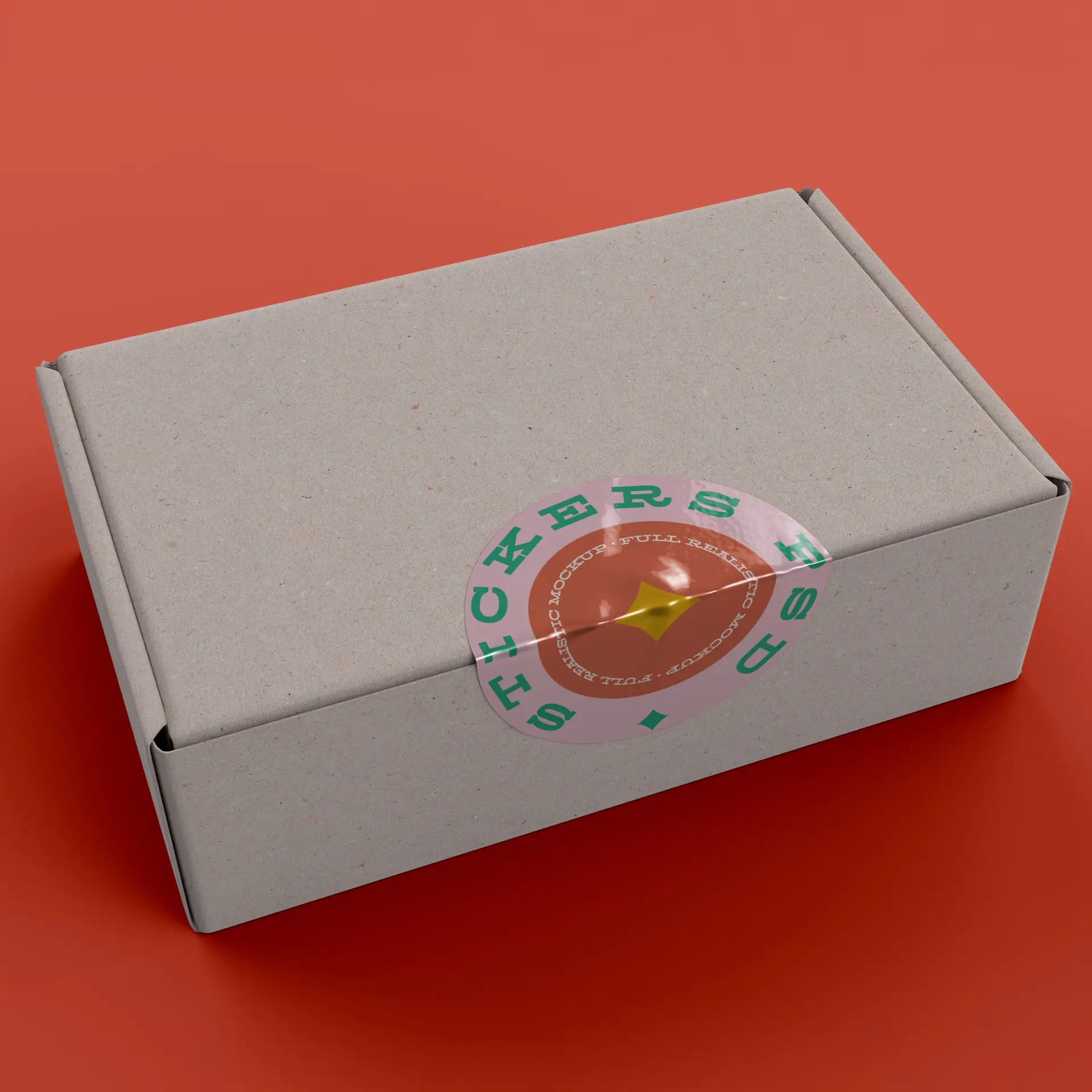Rouleau d'étiquettes imprimées sur mesure dans une boîte rectangulaire brune avec un design de sticker coloré rond sur le dessus.