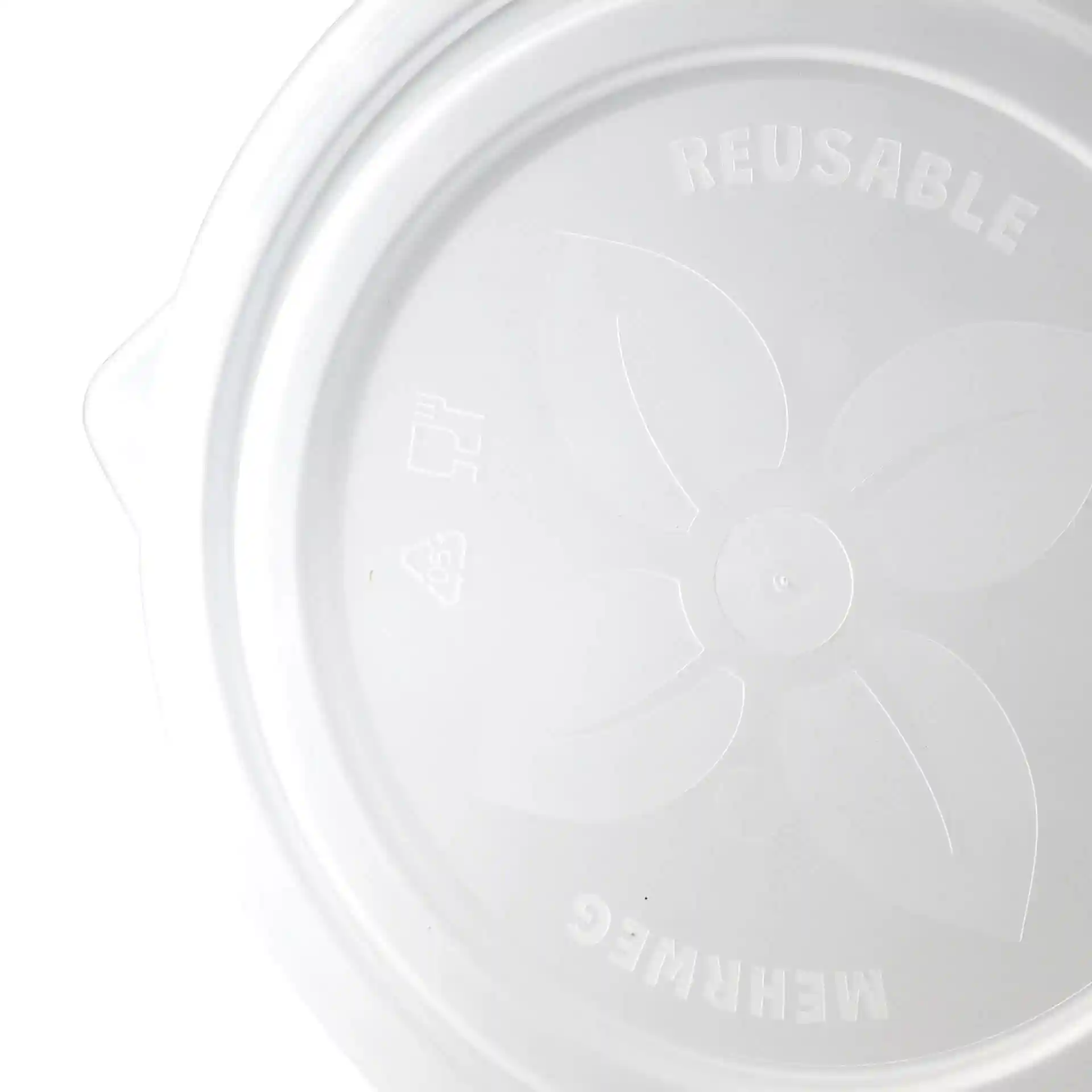 Couvercle rond transparent pour bol Merways, diamètre 150 mm, en PP, avec marquages et le mot "RÉUTILISABLE" en relief.