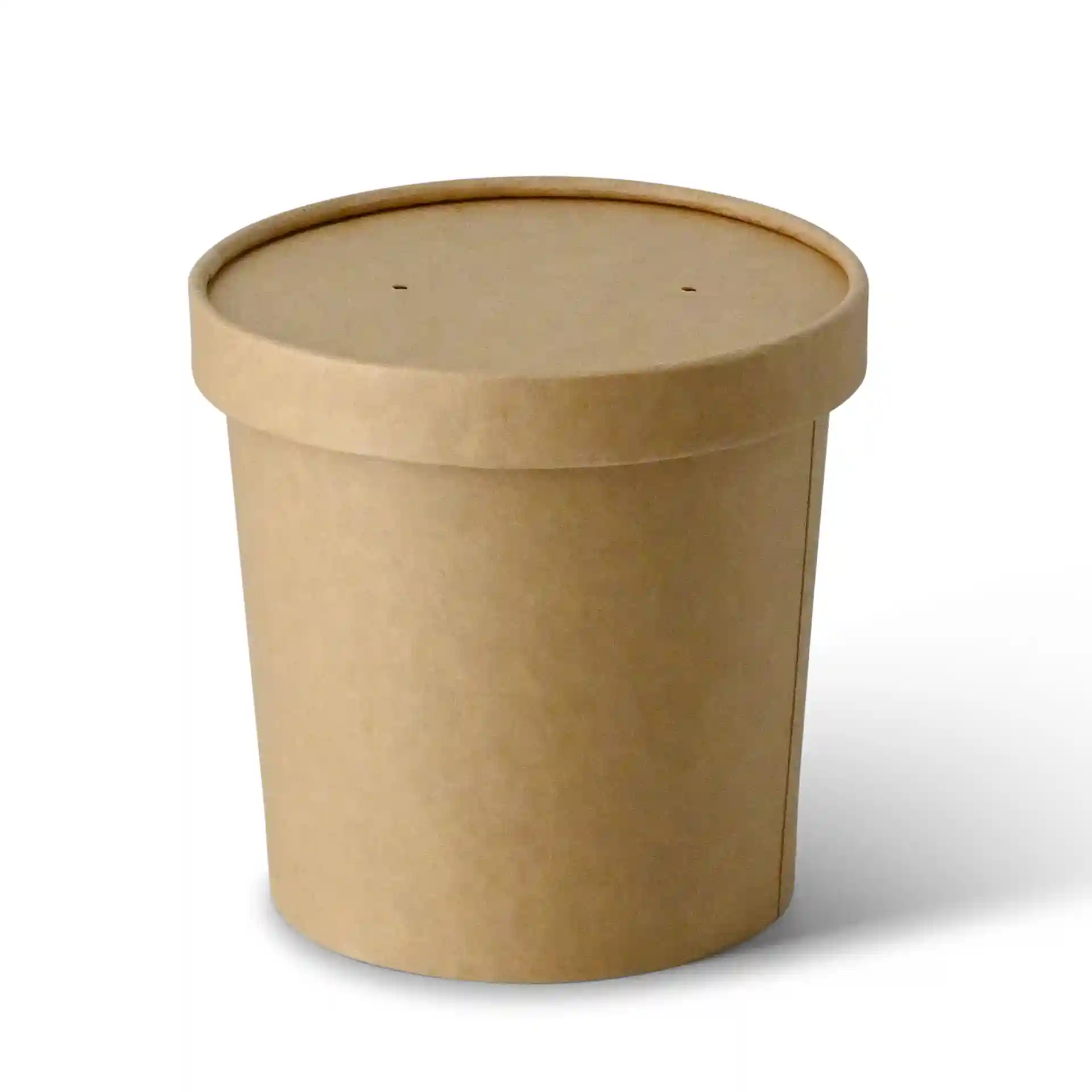 Conteneur à soupe en carton brun de forme ronde avec couvercle, mesurant 24 oz et 115 mm de diamètre.