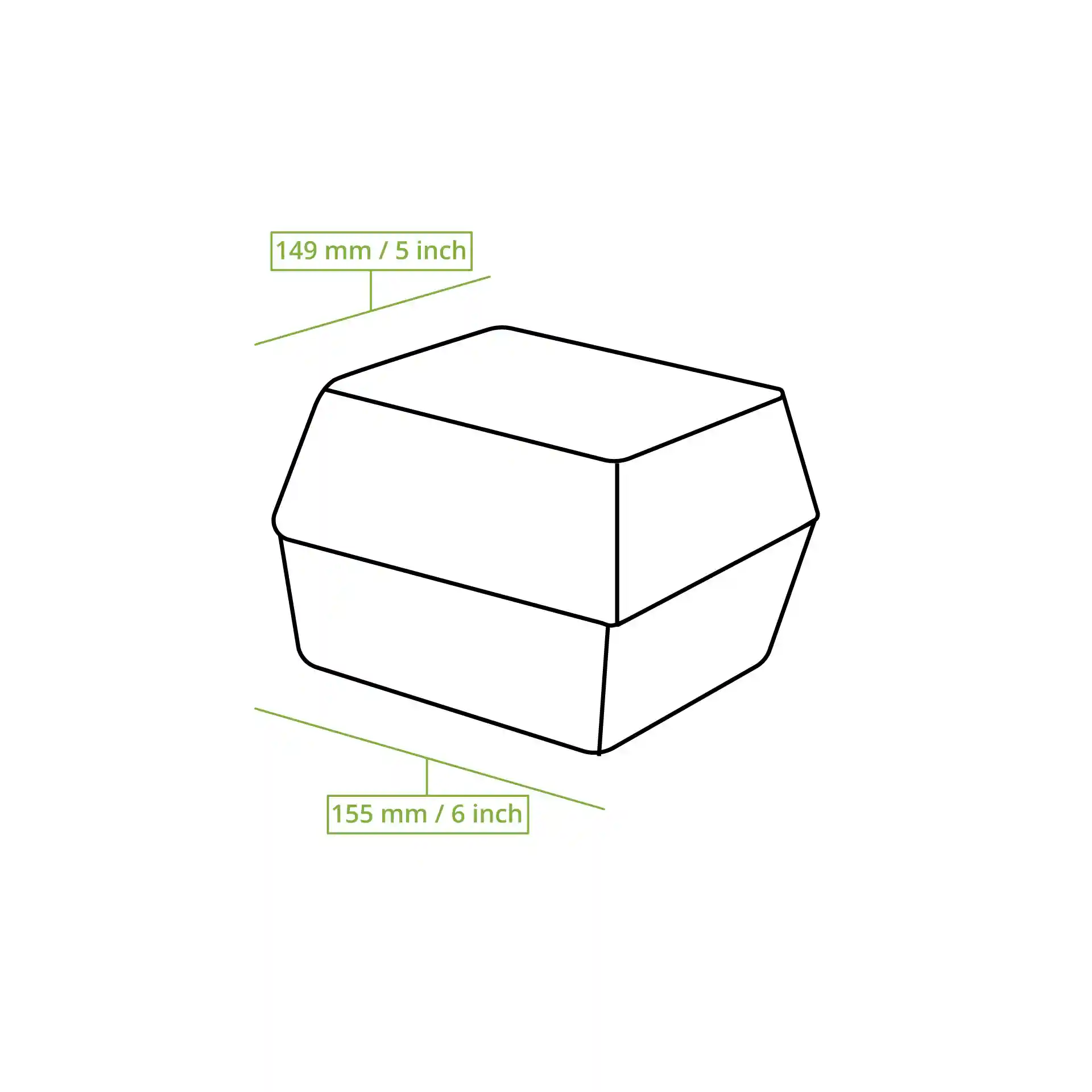 Dessin schématique d'une boîte à burger rectangulaire en canne à sucre avec des dimensions étiquetées 149 mm et 155 mm.