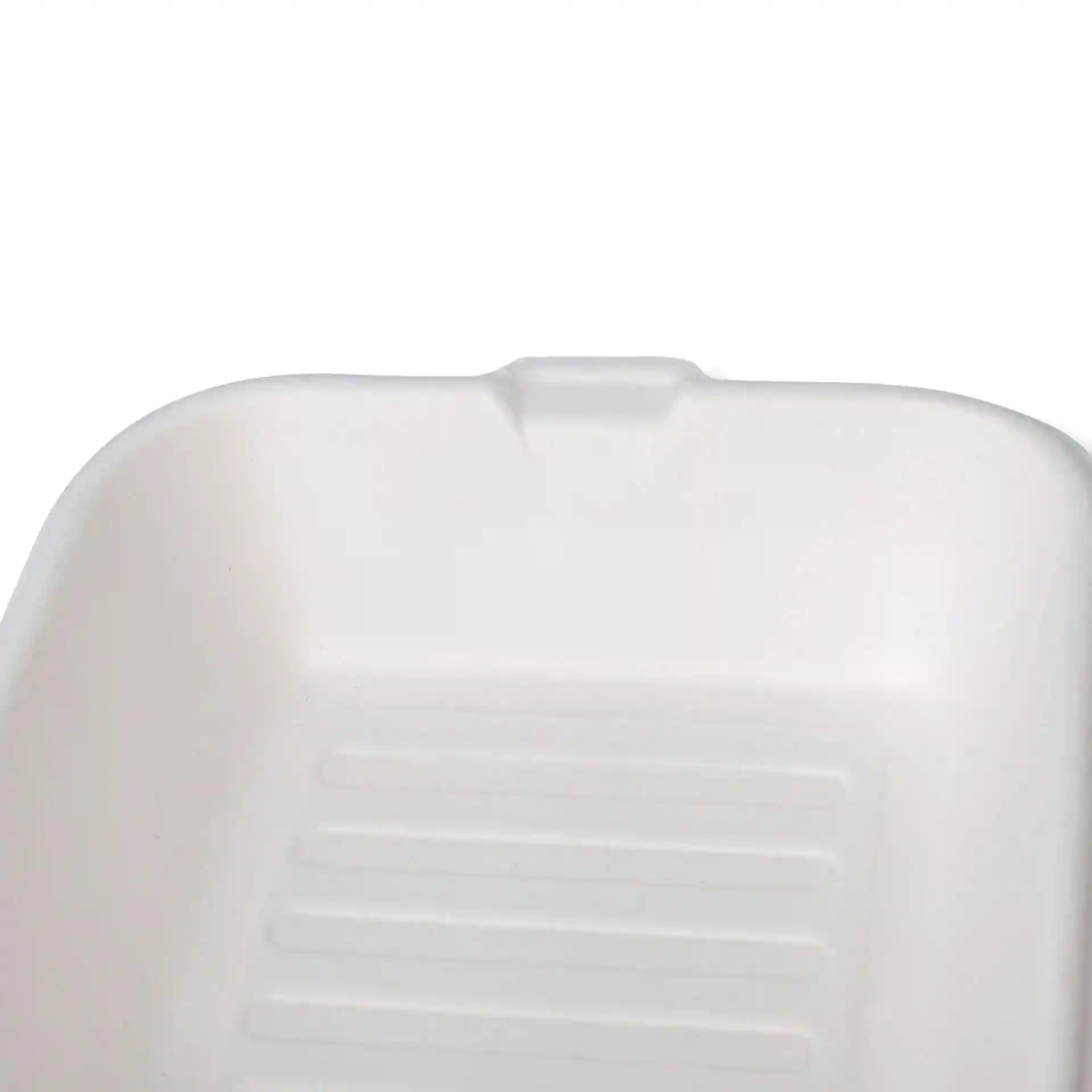 Boîte à burger rectangulaire blanche en canne à sucre avec surface lisse et fond strié, mesurant 15 x 15 x 8 cm.