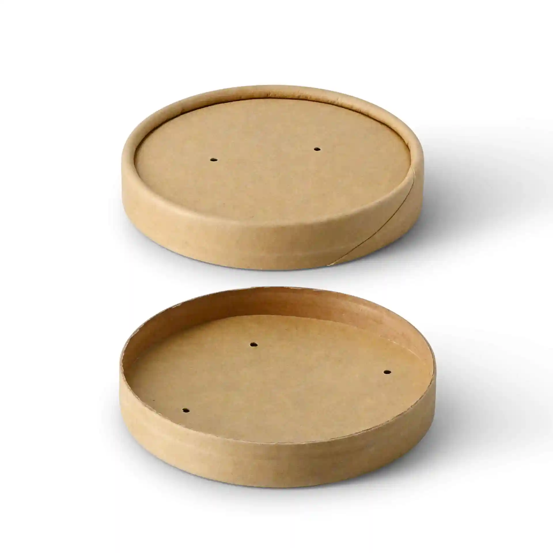 Couvercles ronds en carton marron, d'un diamètre de 90 mm et d'une hauteur de 15 mm, montrant deux pièces avec des trous.
