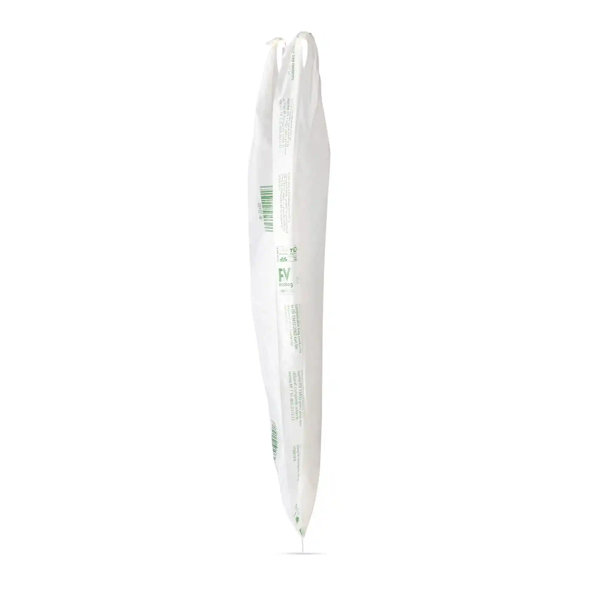 Sac blanc avec des marquages imprimés, mesurant 22 x 13 x 50 cm, présenté debout sur un fond uni.