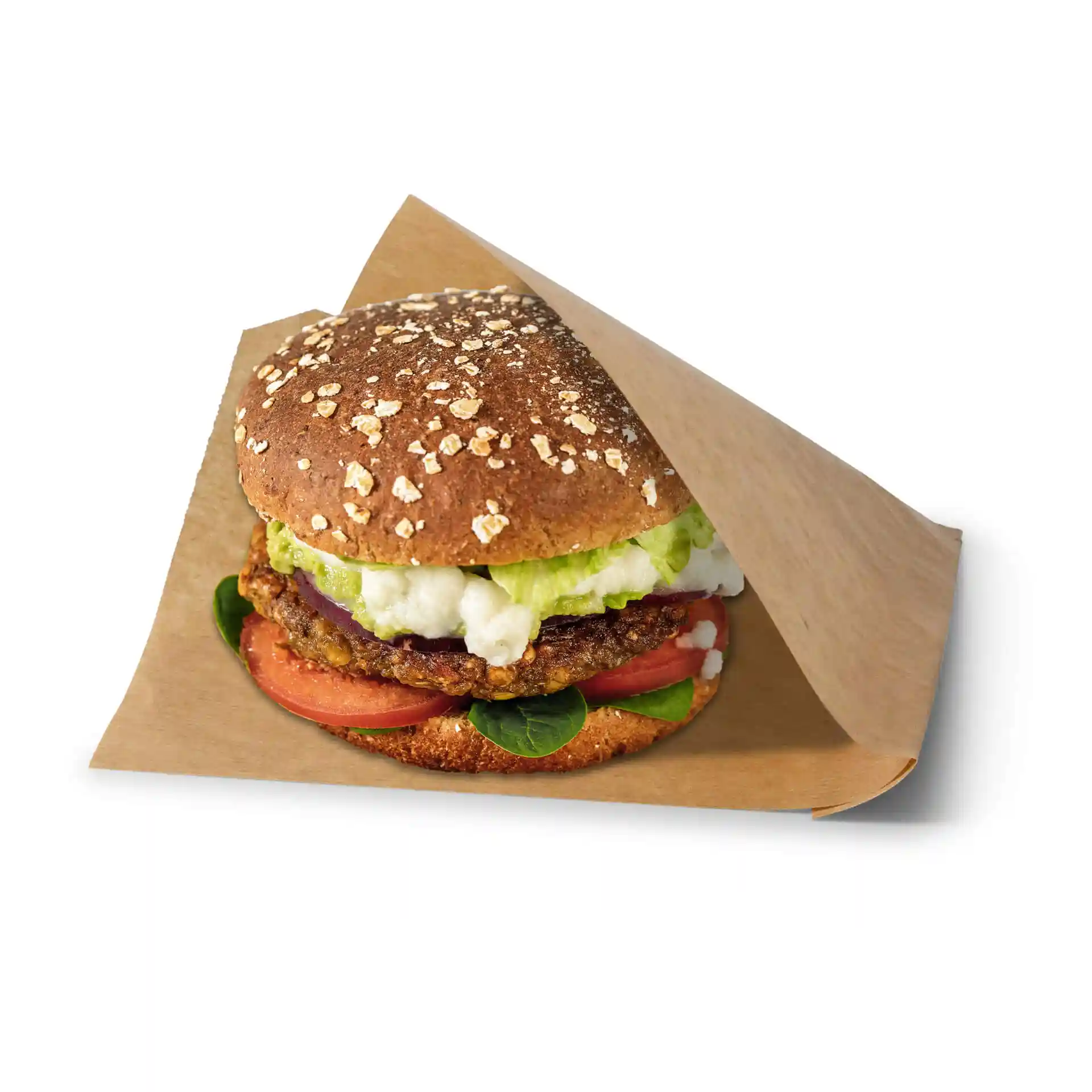 Sac en papier brun avec un hamburger, featuring des flocons d'avoine sur le pain, de la laitue, une tomate et un steak.