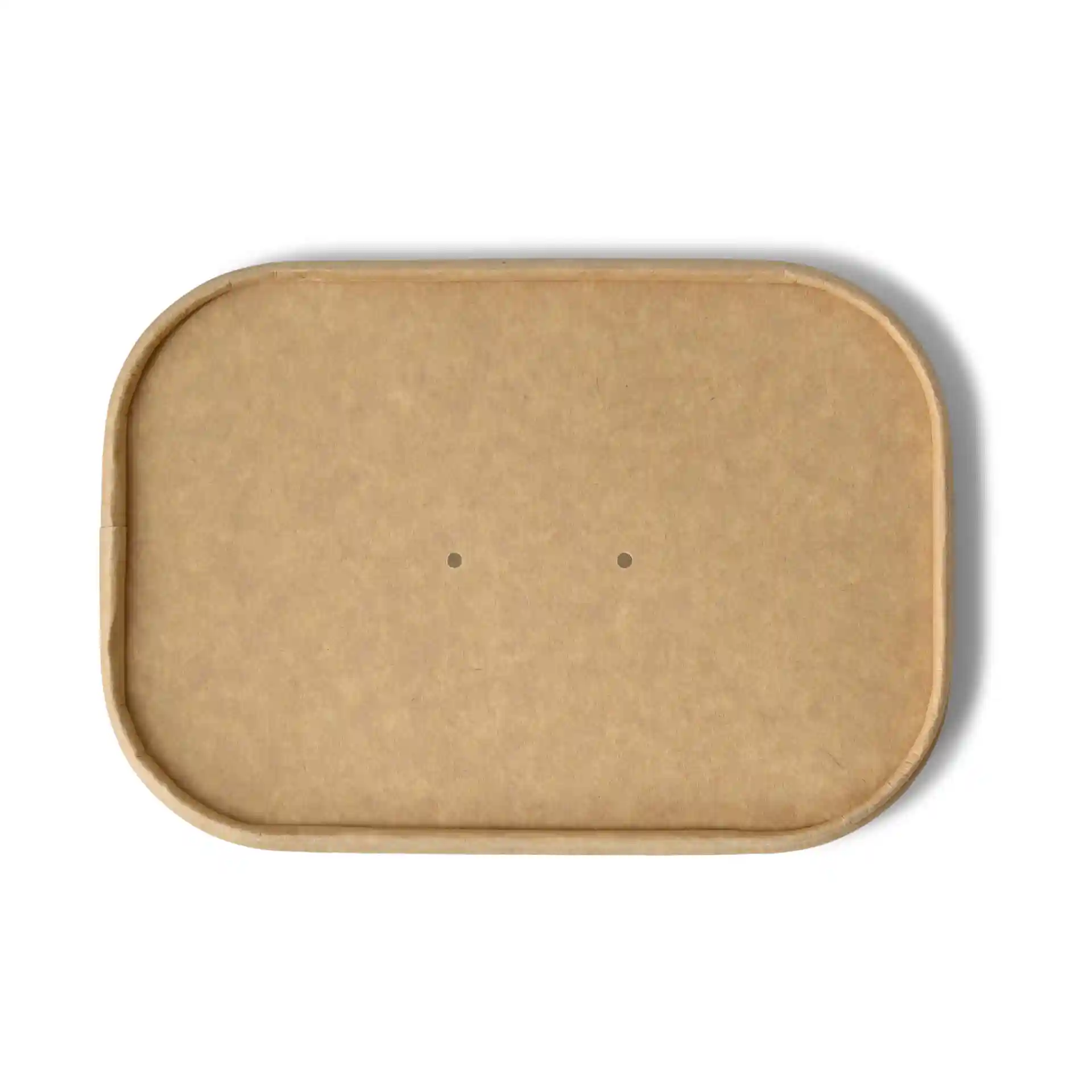 Couvercle rectangulaire en carton brun mesurant 17,5 x 12,5 cm avec deux petits trous sur la surface.