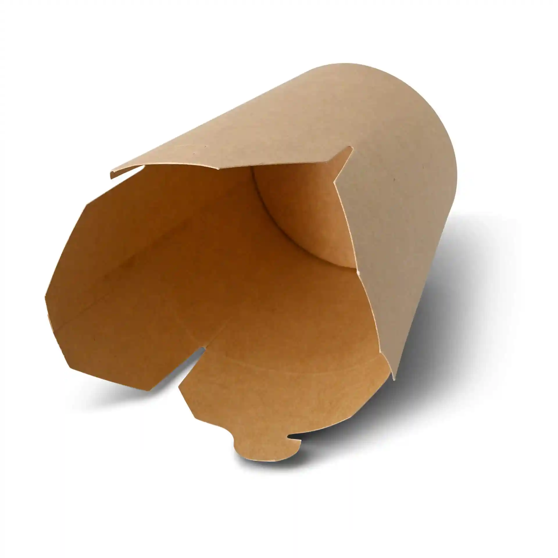 Boîte à nouilles brune en carton enduit, avec un dessus ouvert et une forme rectangulaire, montrant l'intérieur.