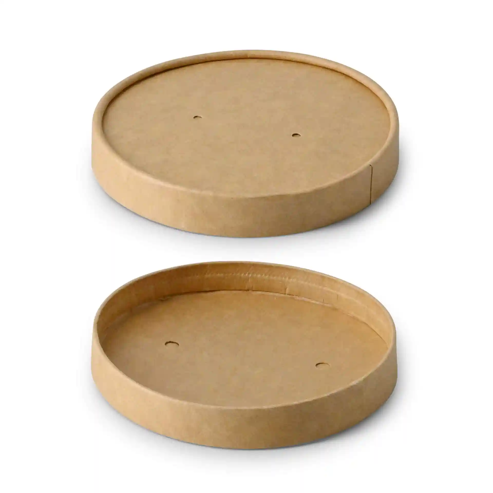 Couvercles en carton brun ronds de 100 mm de diamètre, un couvercle montré à l'envers.