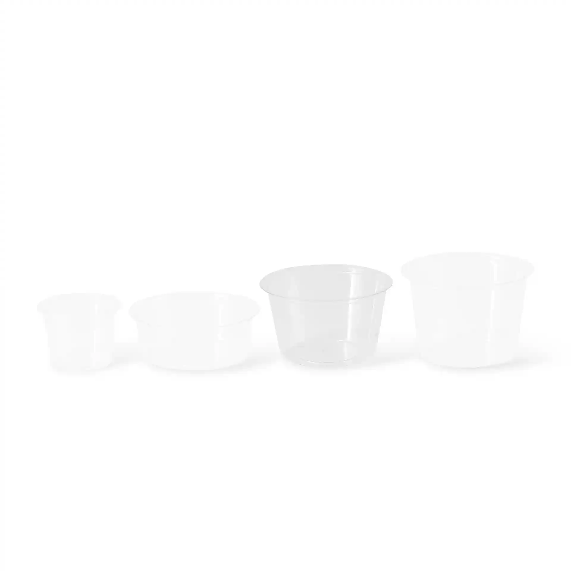 Ensemble de quatre gobelets en PLA transparents de tailles variées, affichés du plus petit au plus grand.