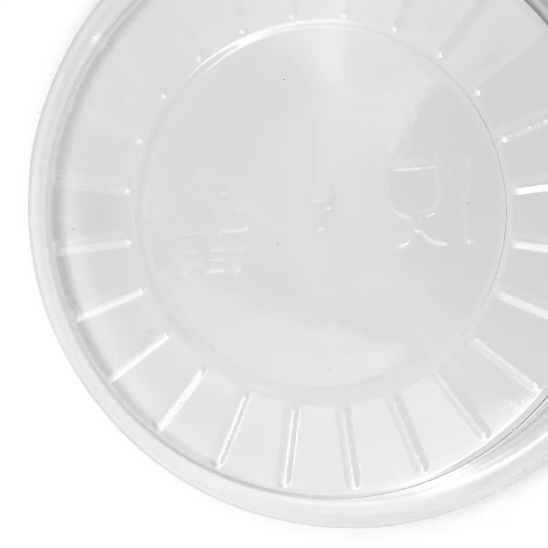 Pot à sauce rPET transparent de 75 mm de diamètre et 17 mm de hauteur, montrant l'intérieur du fond.