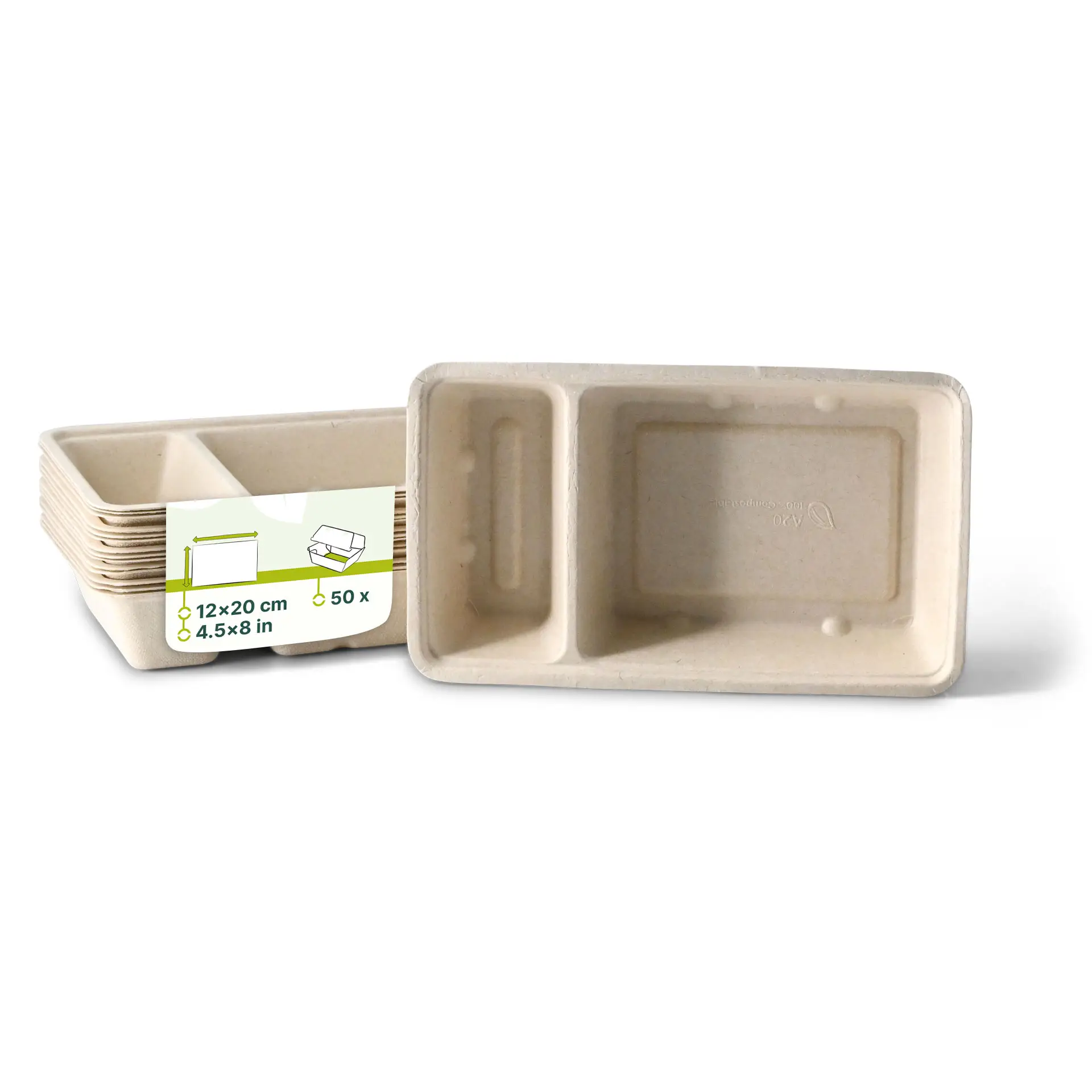 Barquette en bagasse pour frites, 2 compartiments, 12 x 20 x 3,5 cm