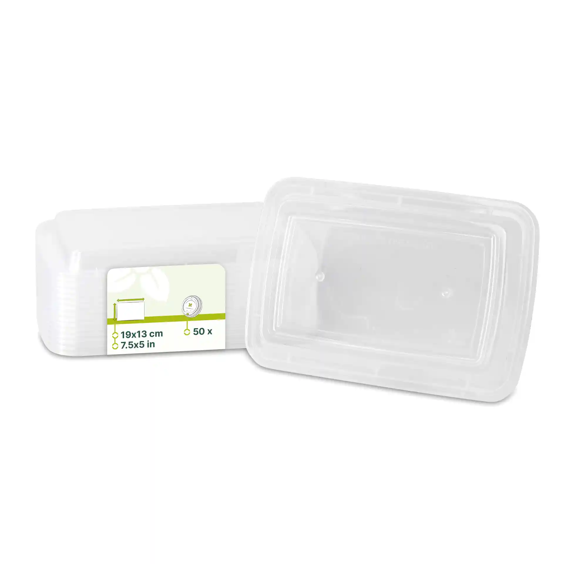 Couvercle rectangulaire transparent réutilisable en PP, dimensions 19x13 cm, présenté avec une étiquette.