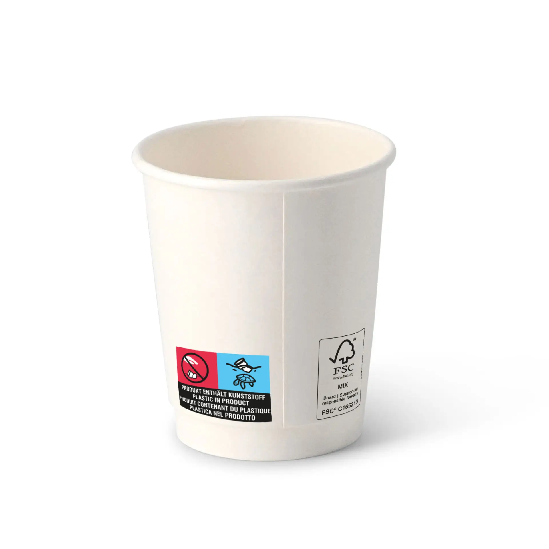 Gobelet en carton blanc à double paroi d'un diamètre de 80 mm avec des étiquettes visibles sur le côté.