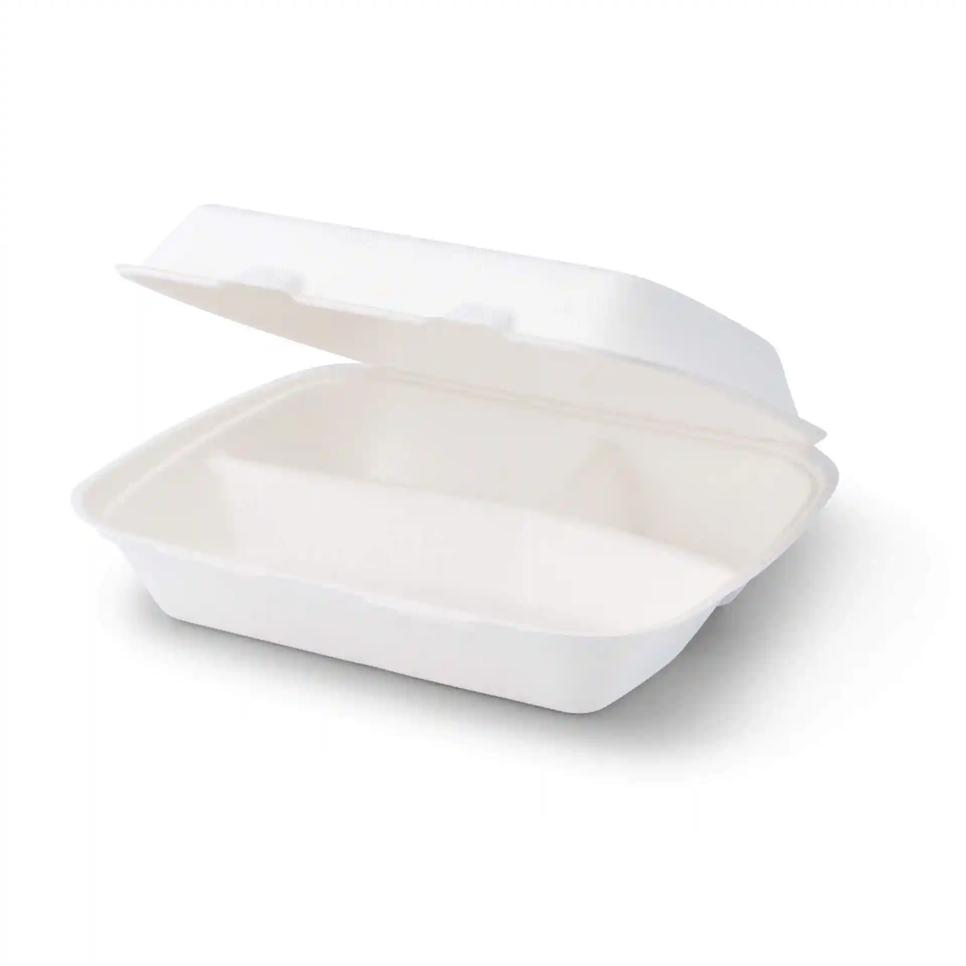 Conteneur rectangulaire blanc en canne à sucre avec couvercle à charnière et trois compartiments, dimensions 25 x 20 x 7,5 cm.