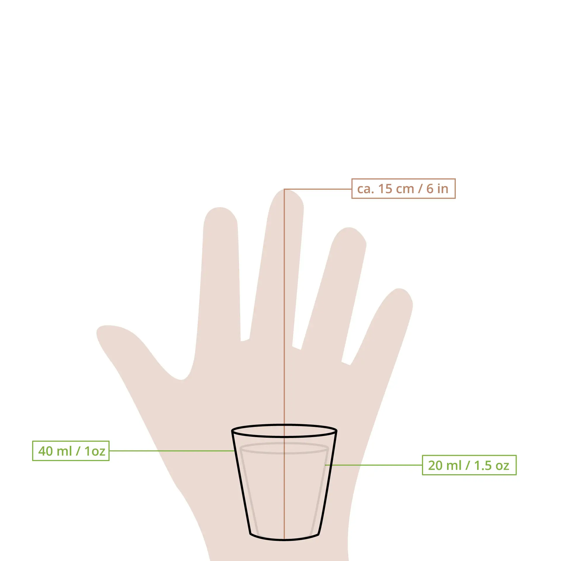 Un gobelet en papier blanc affiché sur une main pour référence de taille ; des marques de calibration indiquent 20 ml et 40 ml.