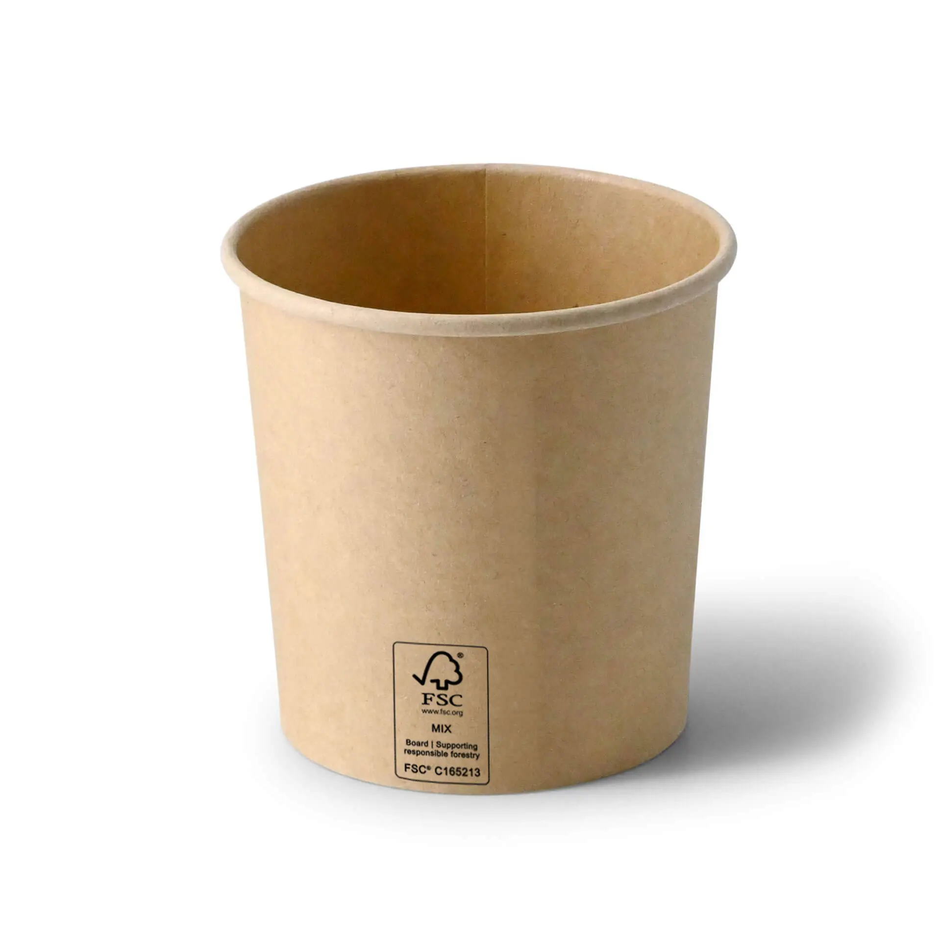 Un gobelet de soupe marron de 12 oz en carton avec revêtement PE ; conçu pour les plats chauds et froids, vu de côté.