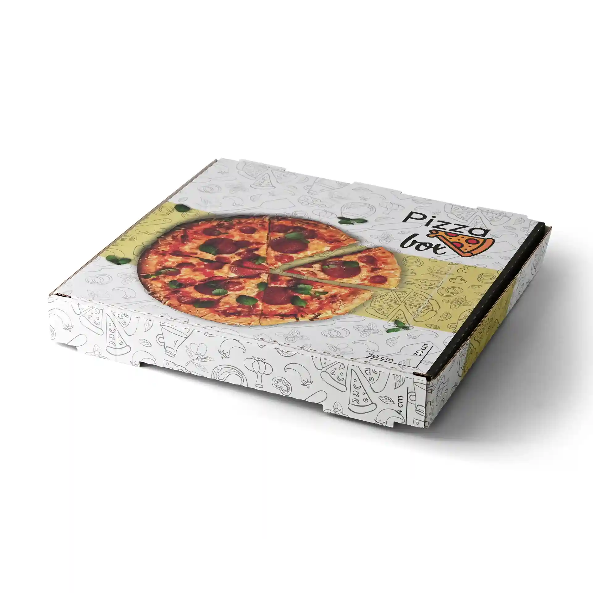 Boîte à pizza avec design imprimé, dimensions 30 x 30 x 4 cm, avec un graphique de pizza sur le couvercle.